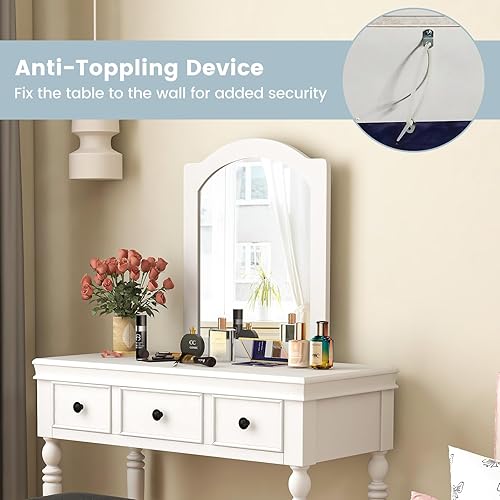 Miniatura 7 de CHARMAID Escritorio de maquillaje con espejo y taburete, juego de mesa de tocador de 34 pulgadas de ancho con espejo grande, 3 cajones, taburete