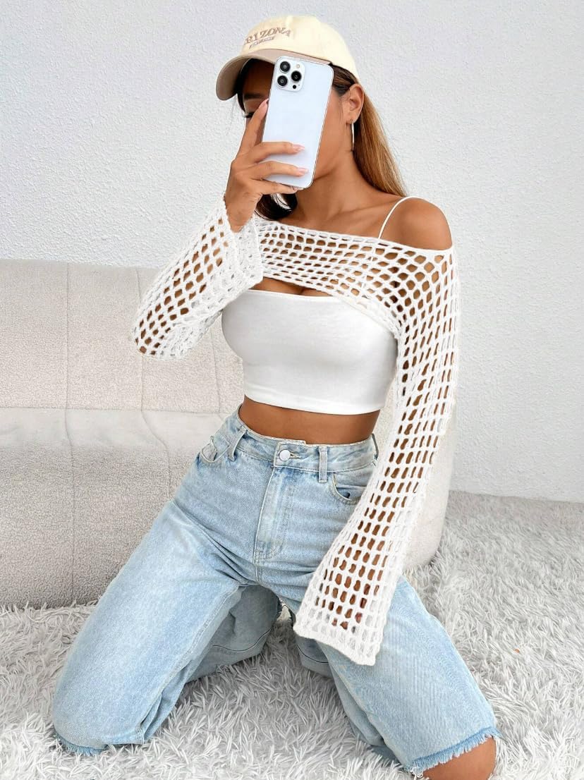 Womens Crochet Shrug Y2K Hollow Out Bolero Shrug See Through Cropped Knit Sweater Top - Image 5