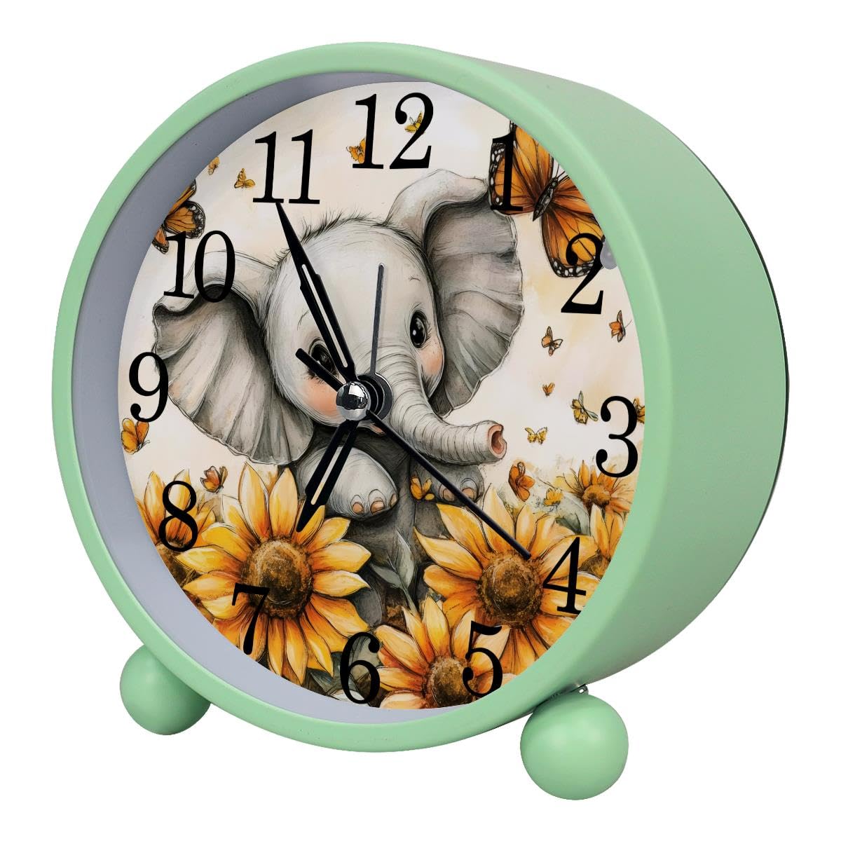 Alarm Clock Sunflowers Elephant, Silent Non-Ticking with Night Light
