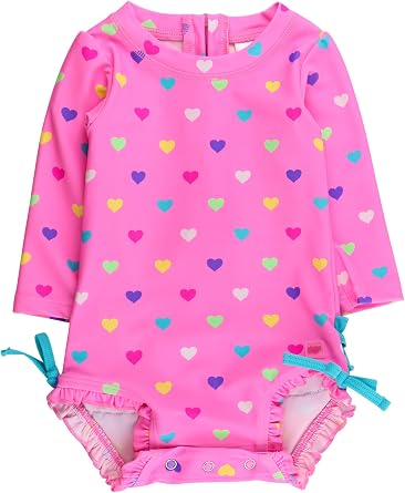 RuffleButts Baby Girls Polka Dot Long Sleeve Rash Guard - UPF 50+ One Piece Swimsuit