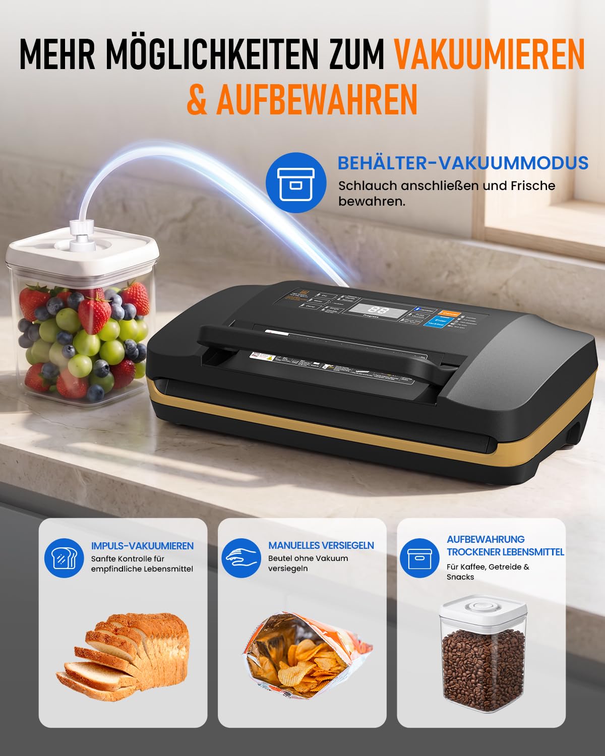 Vakuumiergerät 95 kPa Profi 18-in-1 doppelte Schweißnaht Folienschweißgerät mit Cutter Rollenfach Trocken-Feucht-Modus Sous Vide