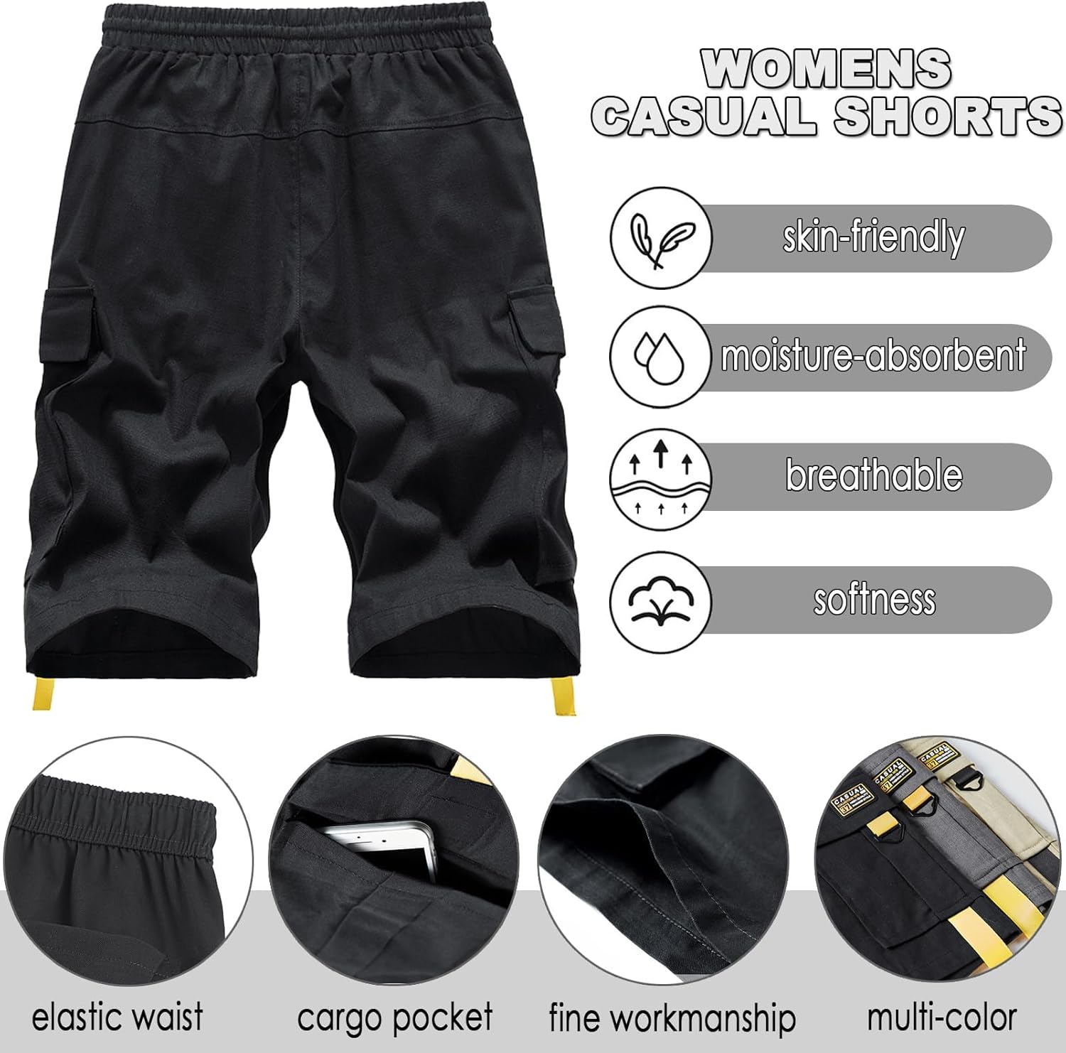 XinYangNi Women's Casual Cargo Shorts with Pockets Elastic High Waist Drawstring Bermuda Shorts for Women