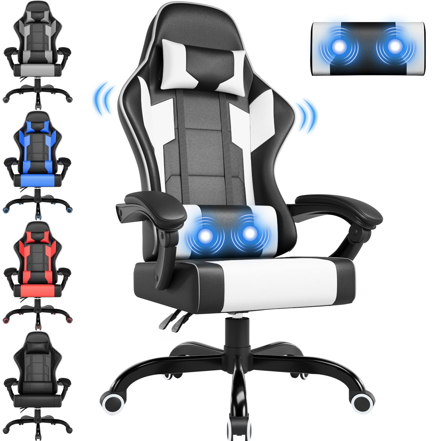 Airfish Silla Gaming con Masajeador,Silla Gamer con Reposacabezas,Silla de Oficina Ergonómica con Lumbar de Masaje, Silla Ordenador Reclinable 90-150°y Capacidad 150 kg,Blanco