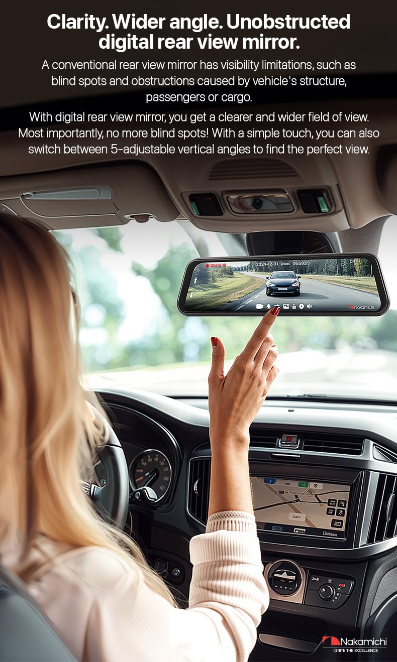 Nakamichi ND410W Dash CAM 1080p Frontal y Trasera, Espejo Retrovisor Digital, Asistencia de Estacionamiento, Visión Nocturna WDR, Grabación en Bucle, WiFi, Control por App, Tarjeta SD 64GB Incluida