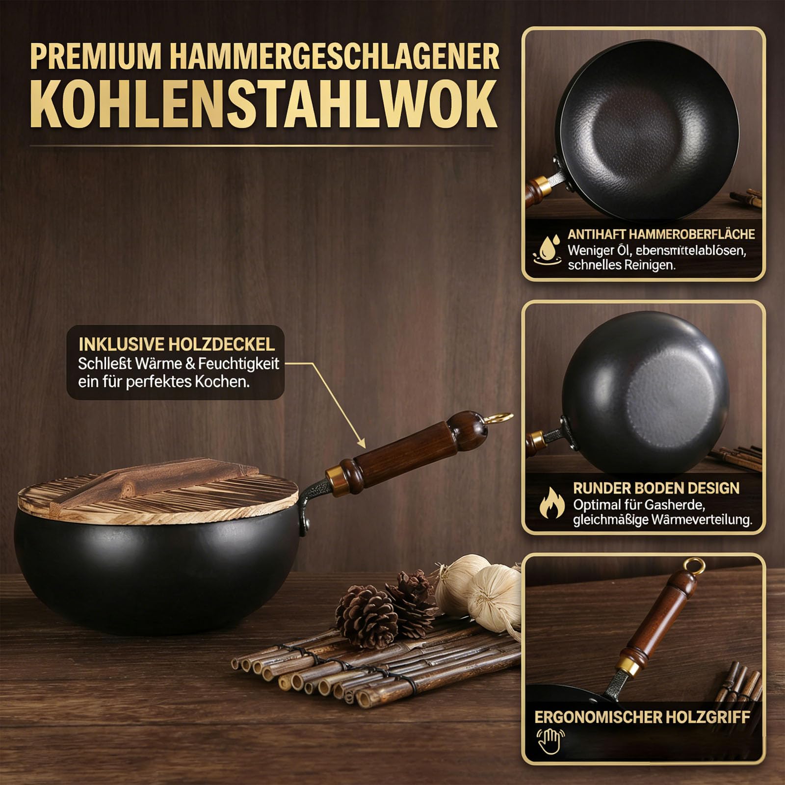 2026 Neu Tsubame Sanjo Pfanne, Japanische Tsubame-Sanjo Meister Pfanne 24/26/28cm, Unbeschichtet, Handgefertigt zum Kochen, Braten Induktionsgeeignet mit Holzgriff Deckel Kochen (Holzdeckel * B, 24cm)