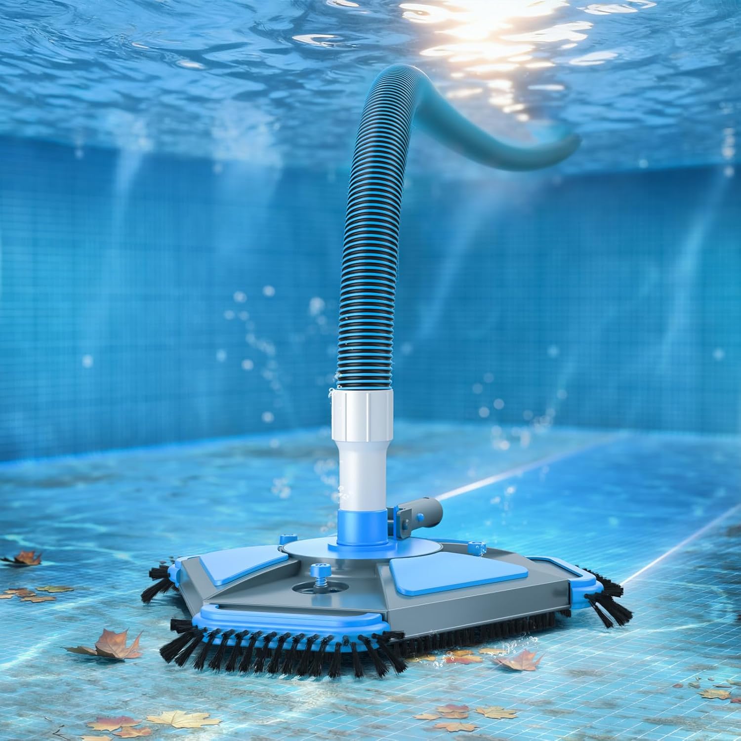 UIRWAY Upgrade Pool Vacuum Head with Side Brush & 360° Swivel Cuff, Heavy Duty Manual Kink-Resistant 1-1/2" x 30 Ft Vacuum Hoses, Weighted Triangular Shape for Inground & Above Ground Pool(No Pole)