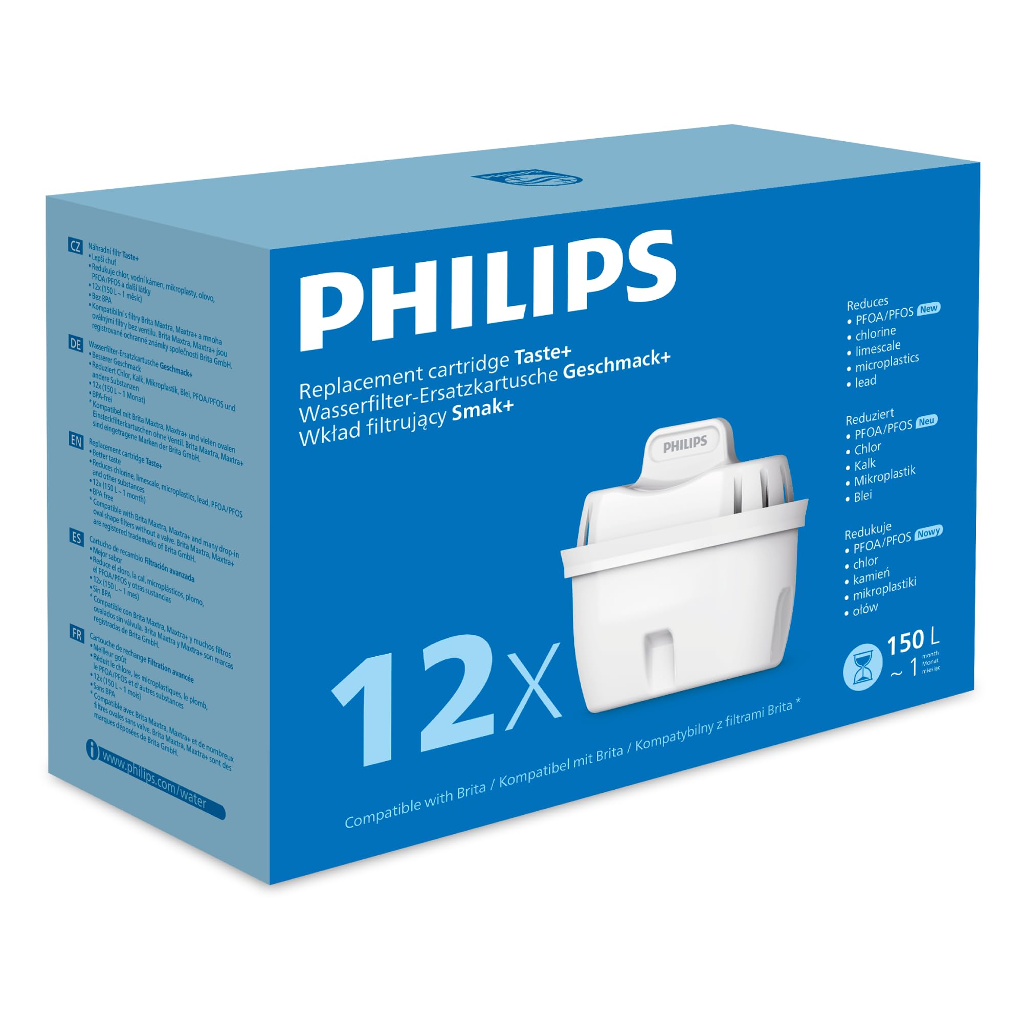 Water Replacement Filter Cartridges, 12-Pack, Brita Compatible, Reduces MICROPLASTICS, Chlorine, LIMESCALE, Heavy Metals