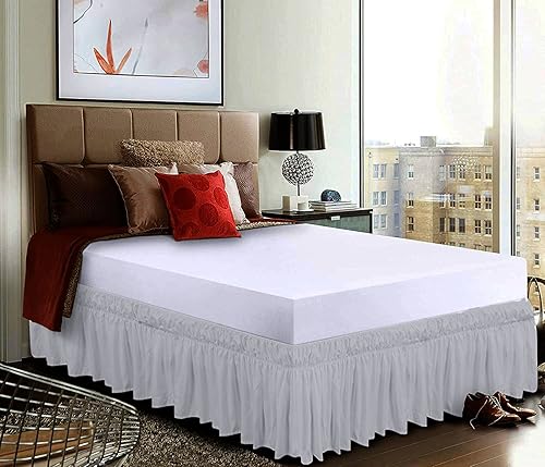 Miniatura 48 de Falda de cama con volantes envolvente con cinturón elástico ajustable, caída de 14 pulgadas, fácil de poner y quitar, mezcla de volantes de polvo