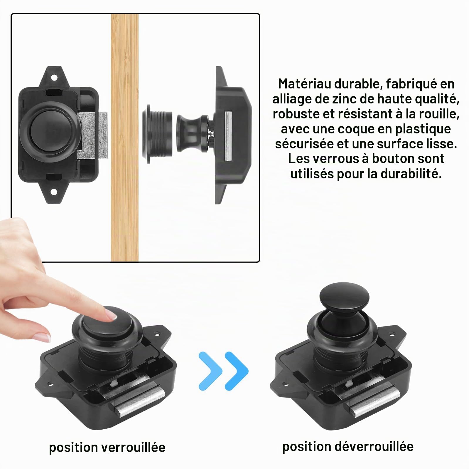Lot de 10 serrures et porte à bouton poussoir pour camping-car, grand cabinet Catch Serrure de porte d'armoire noir
