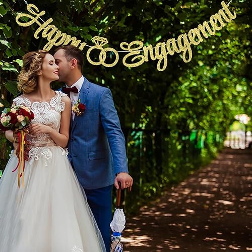 Miniatura 6 de Palasasa Cartel de compromiso con texto en inglés Happy Engagement Banner  Cartel dorado con purpurina para decoración de fiesta de compromiso,