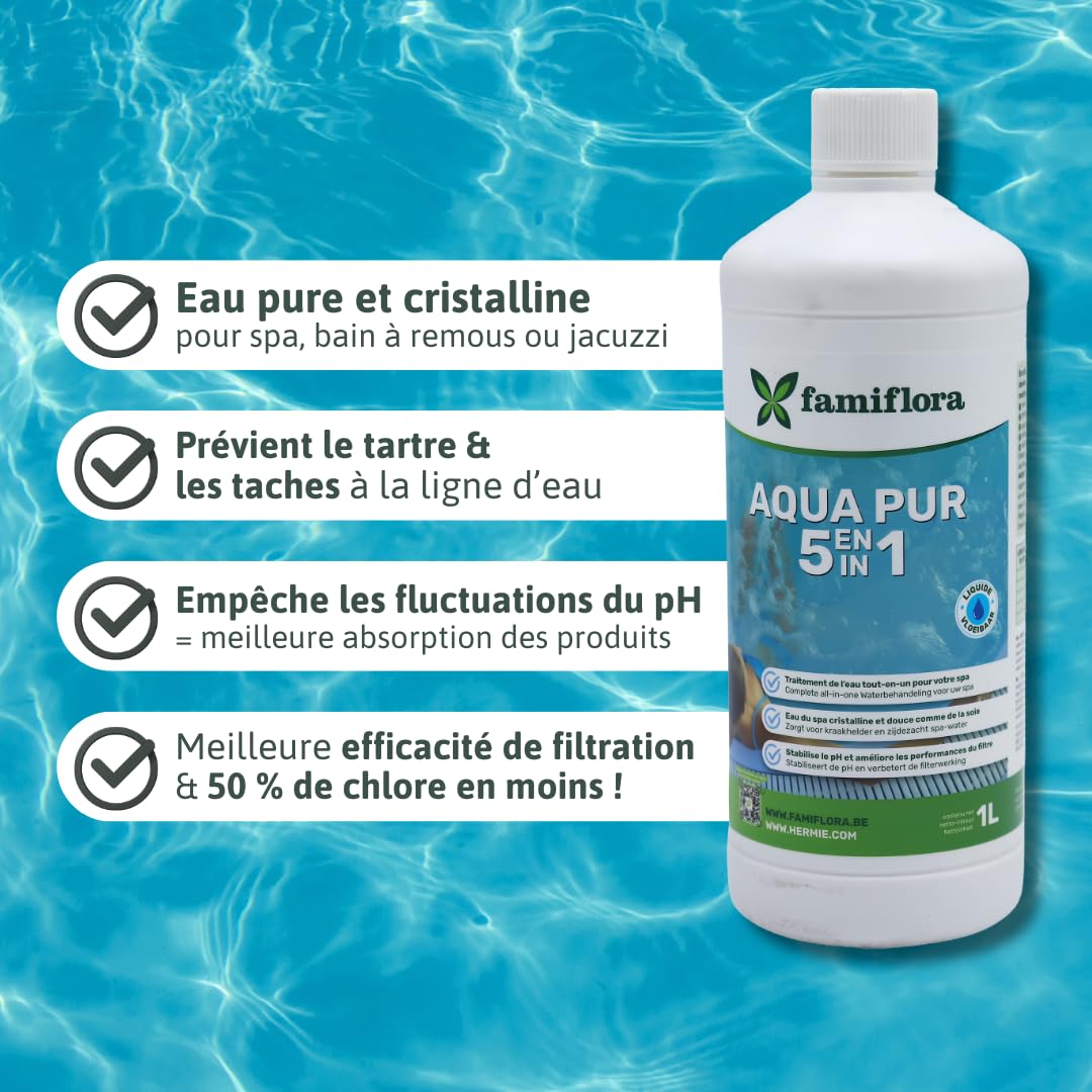 Aqua pur 5 en 1 2 x 1 L - Profitez d'un spa cristallin ! - Traitement complet de l'eau pour le spa - Assure une eau claire et soyeuse - Stabilise le pH
