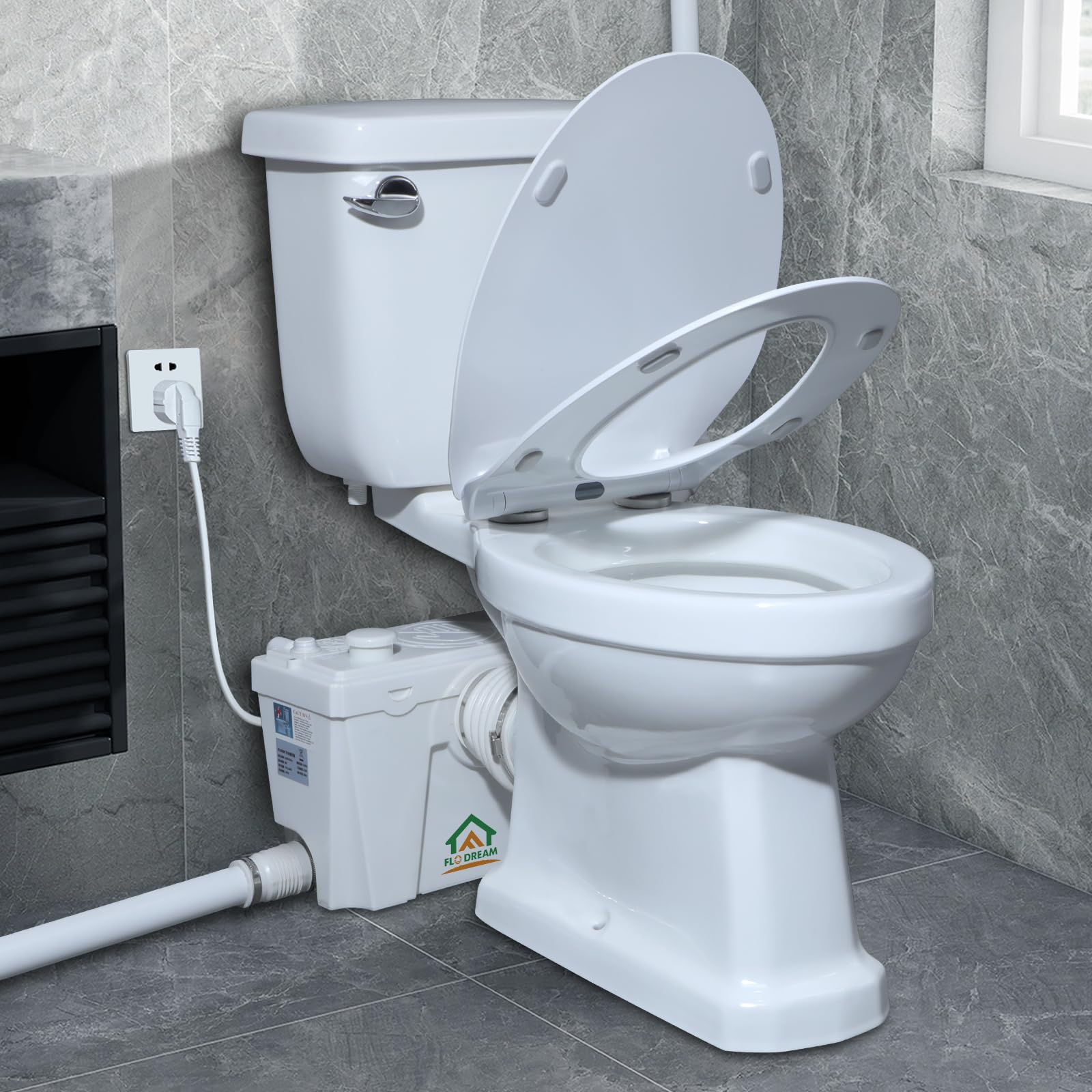 Macerating Toilet With Macerator Pump for Basement Upflush System, Included Water Tank, Elongated Toilet Bowl and Seat, Extension Pipe For Hide into the Wall, Household Residential Two-Piece Toilet