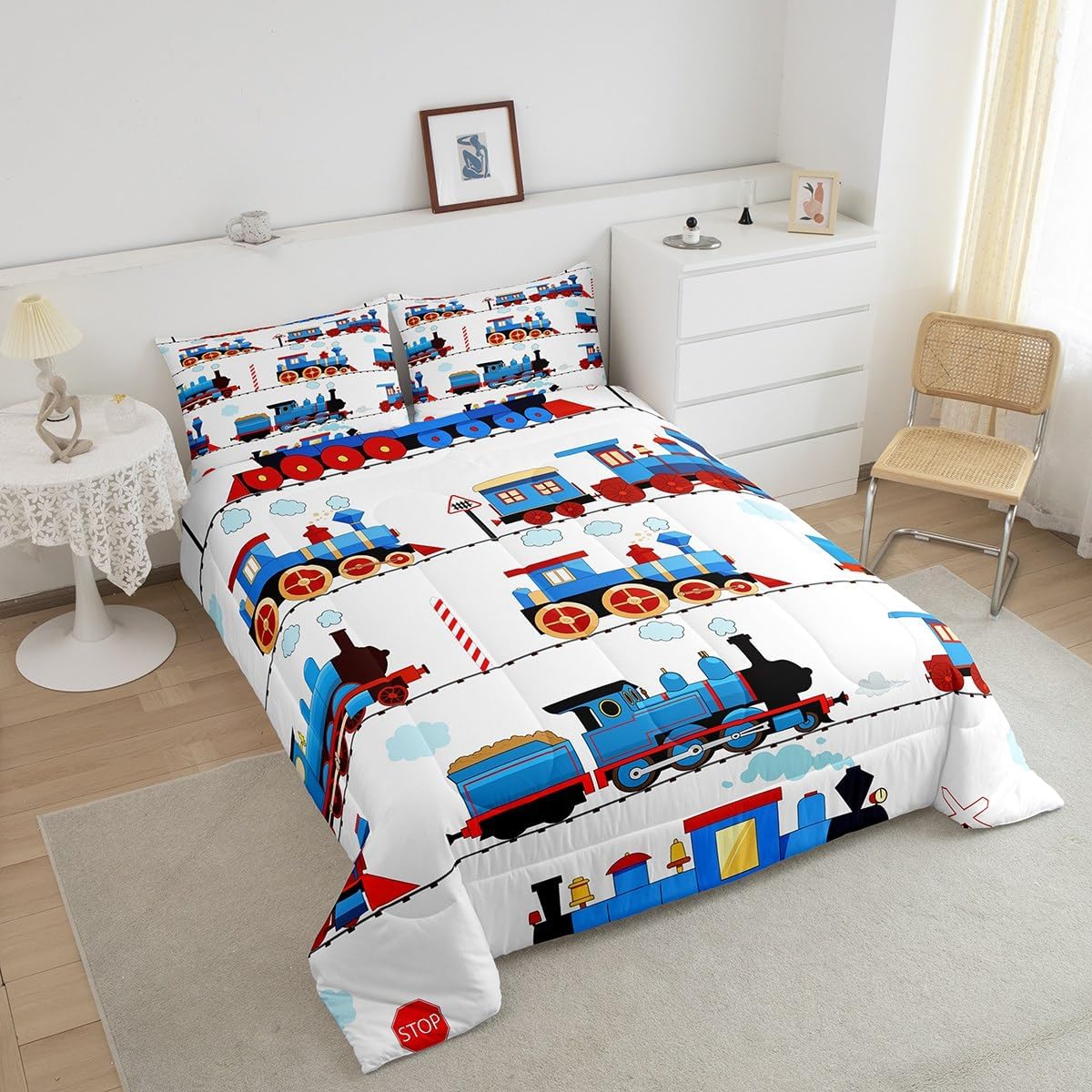 jejeloiu Cartoon Vintage Train Comforter Set Toddler Kids Steam Engine Railway Transportation Bedding Set for Boys Girls Kawaii Retro Vehicle Locomotive Car Duvet Quilt Room Decor