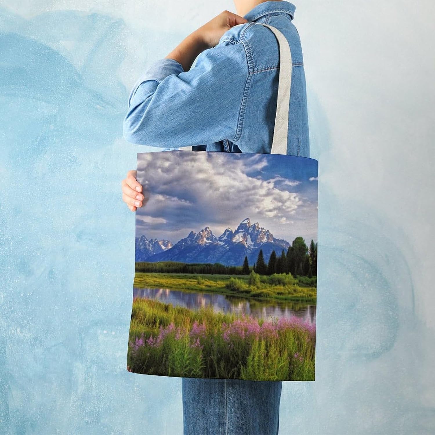 Canvas Tote Bag 16x15 In Lightweight Foldable Shoulder Hobo Purse | Grand Teton National Park, Casual Tote 10" Strap, Everyday Carryall, for Travel Work Grocery Shopping Beach Mark Gym Yoga