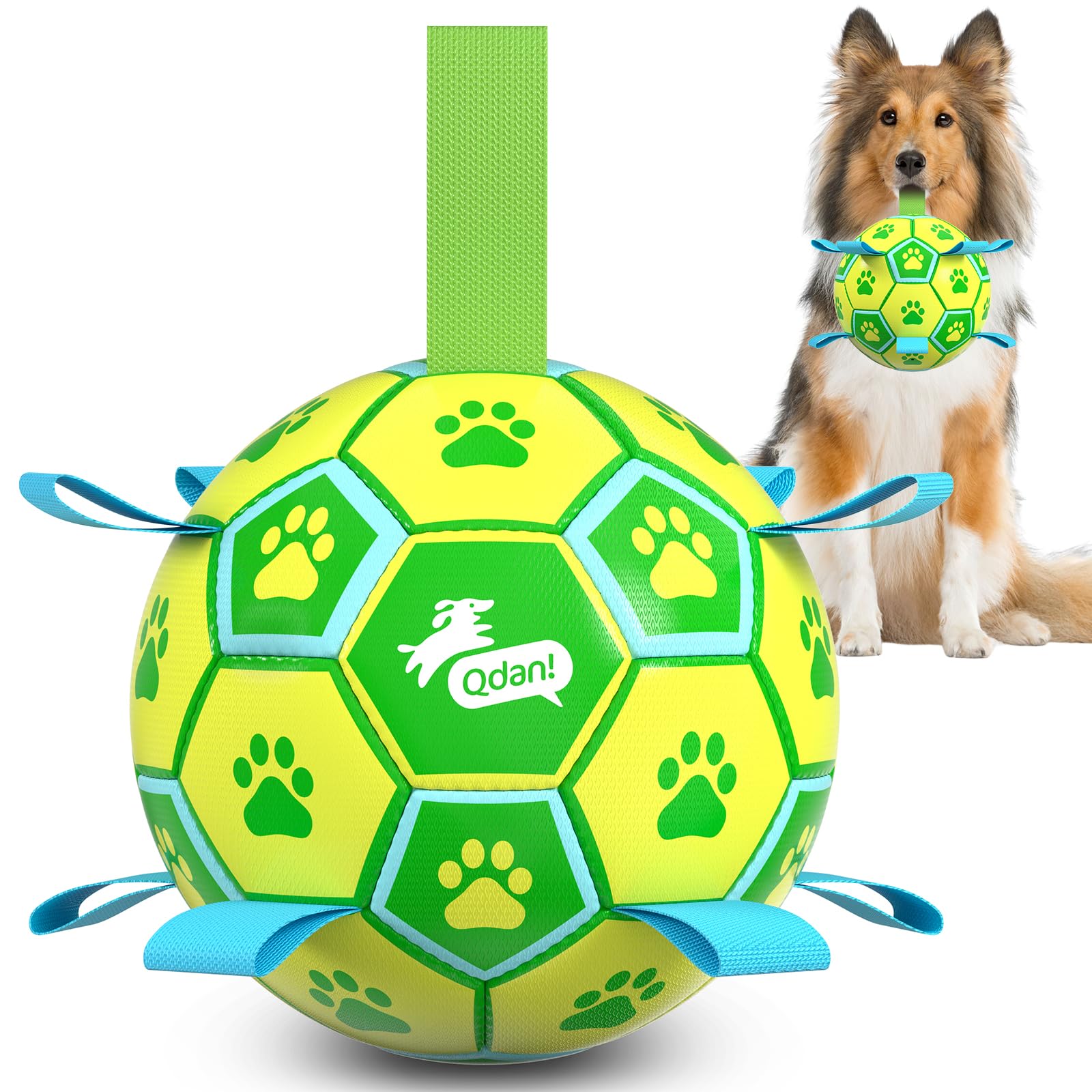 QDAN Dog Toys Soccer Ball, Durable Dog Balls with Strap for 30-90 lbs Dogs