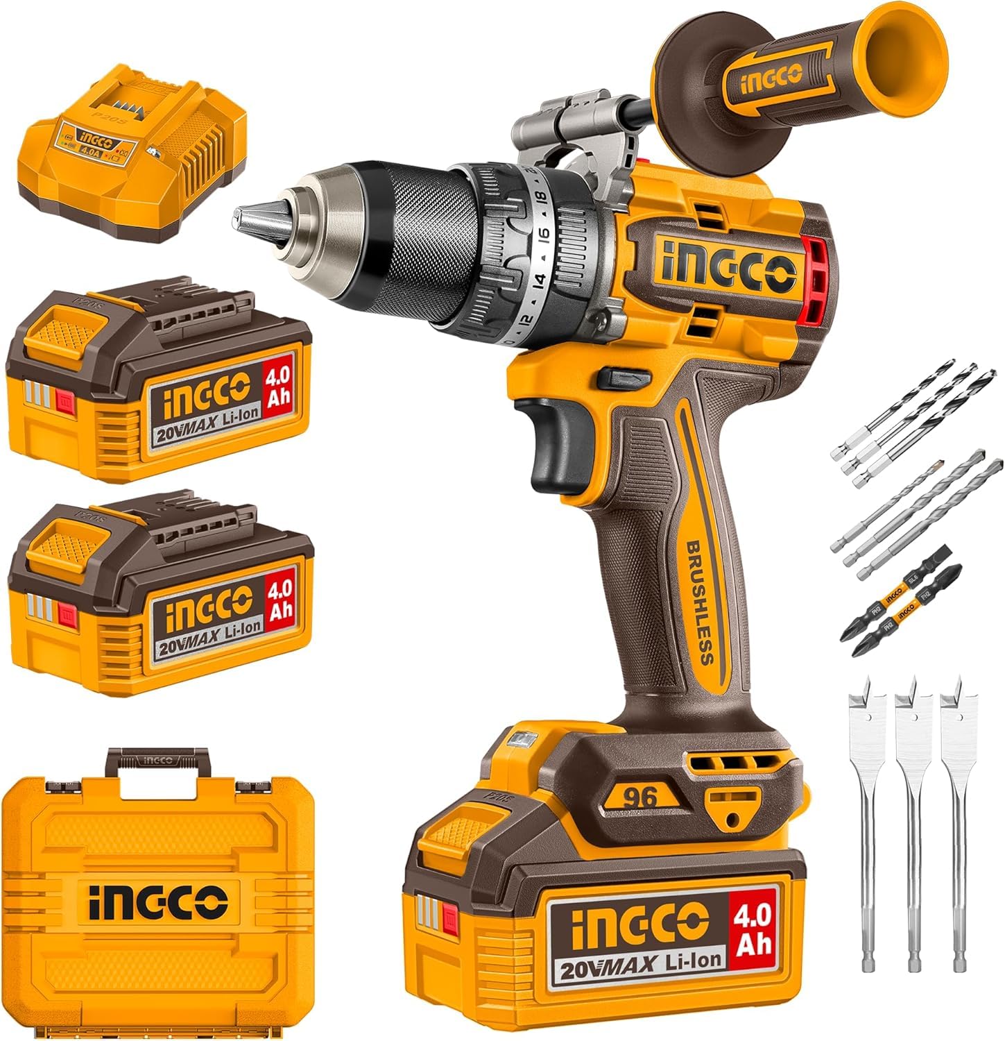INGCO 20V Cordless Brushless Impact Drill 96NM, Variable Speed 500/2000RPM, 13mm Chuck, 22+1+1 Torque, Auxiliary Handle, with 2Pcs 4.0Ah Battery and 1Pcs Charger, Packed by Carrying Case CIDLI209686-picture-19