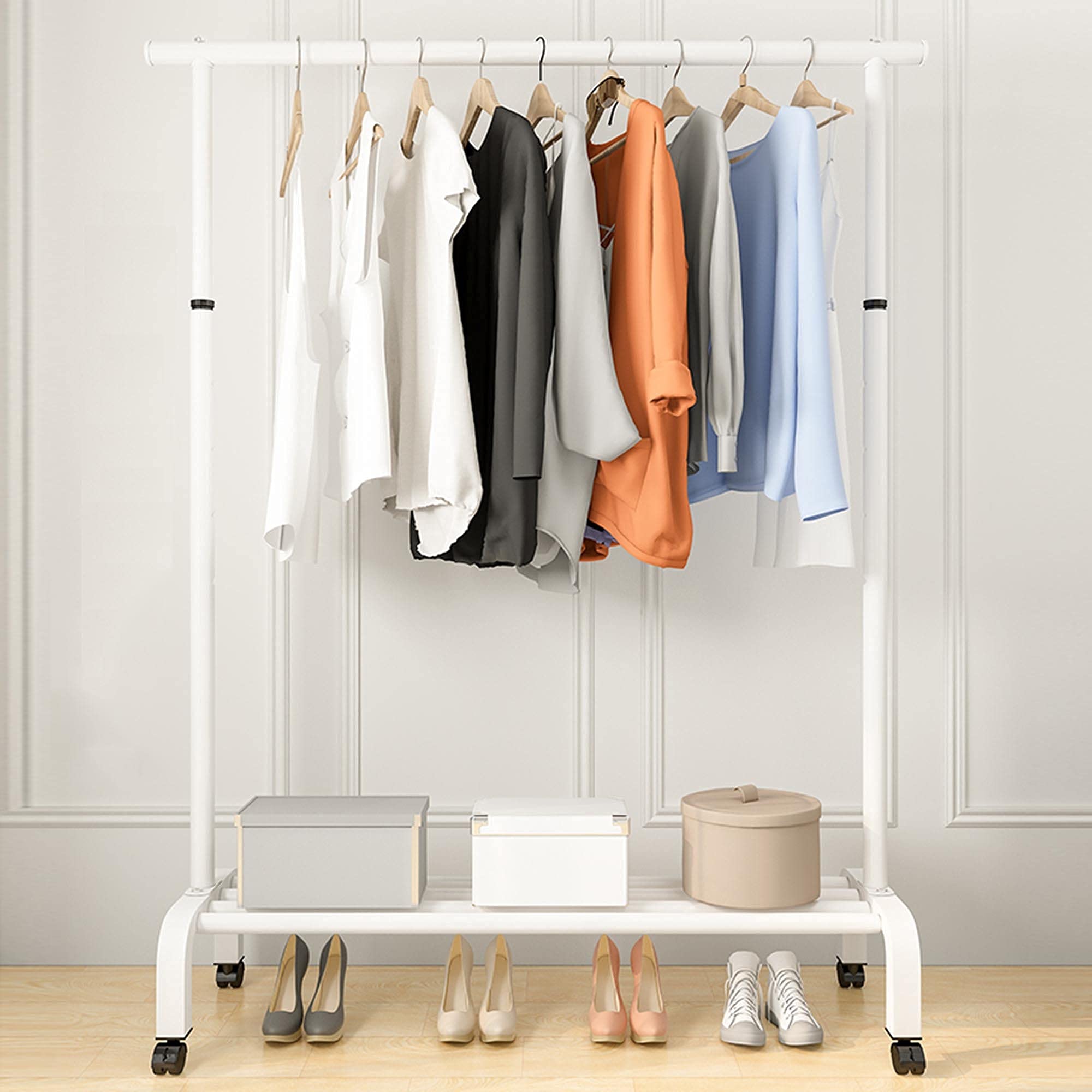 Supports de vêtements en fer forgé blanc 100cm avec cintre lourd et mobile