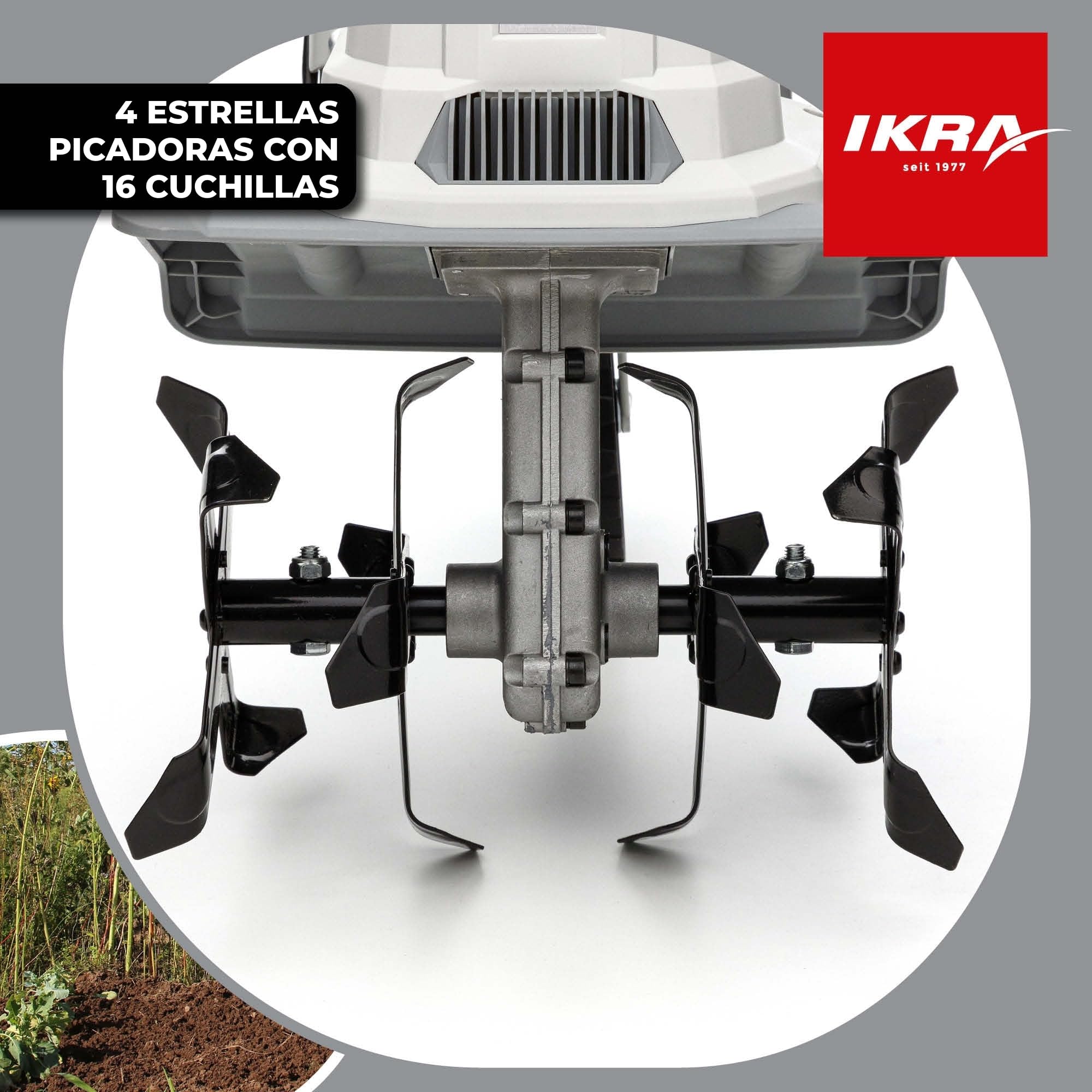IKRA motozada eléctrica IET 1030, Ancho 30 cm, Profundidad 20 cm | 1080 W, espolón de freno, rueda de transporte, plegable ahorra-espacio, protección contra sobrecargas