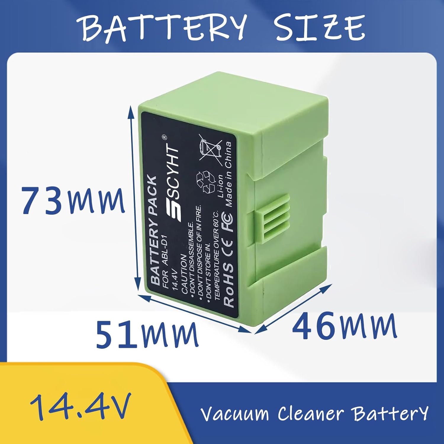 SSCYHT 14.4V Li-ion Battery with dimensions labeled