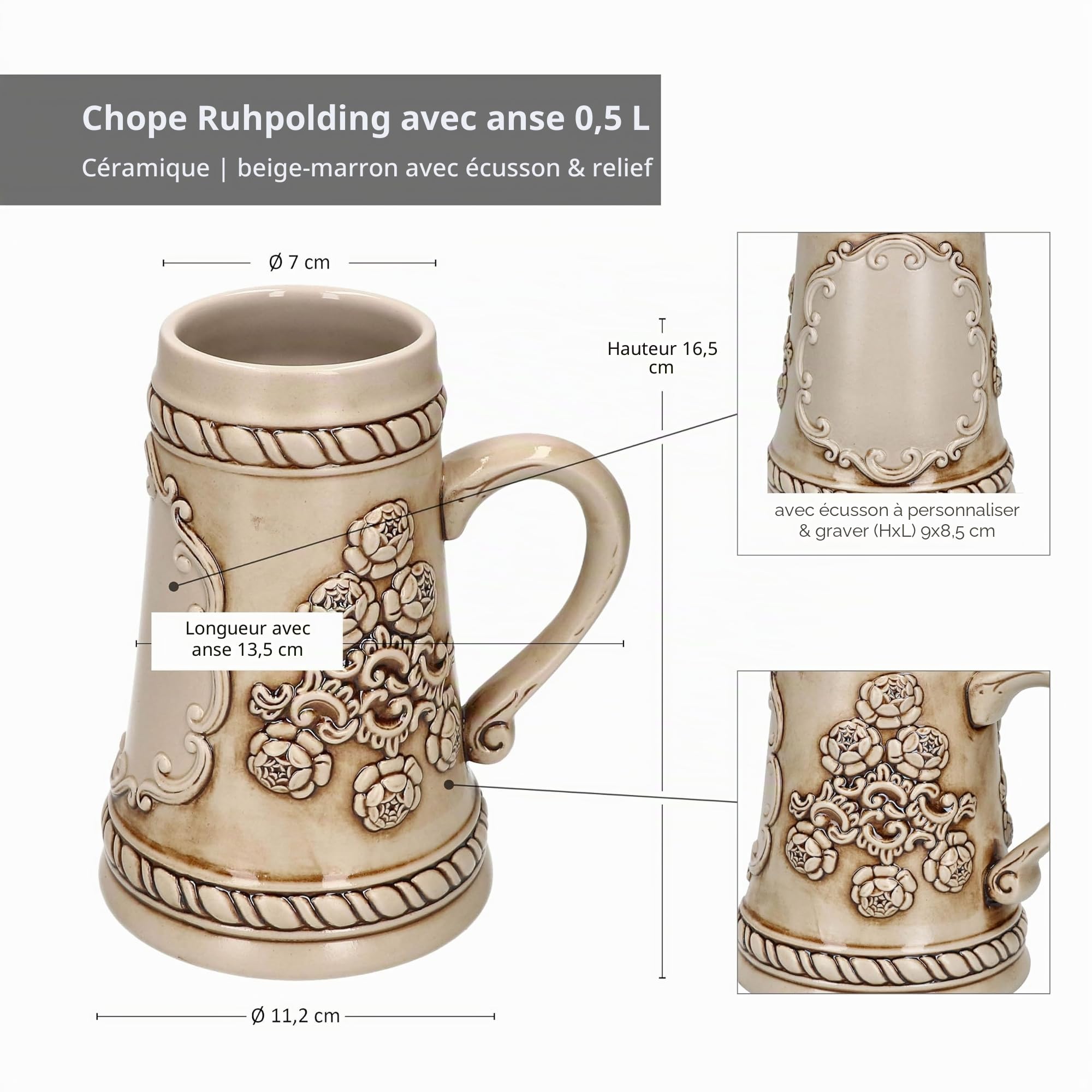 MamboCat Lot de 6 chopes à bière conique en céramique avec anse - 0,5 l - Beige/marron - Avec relief et plaque pour 6 personnes - Chope à bière au look vintage - Pour barbecue, fête de club