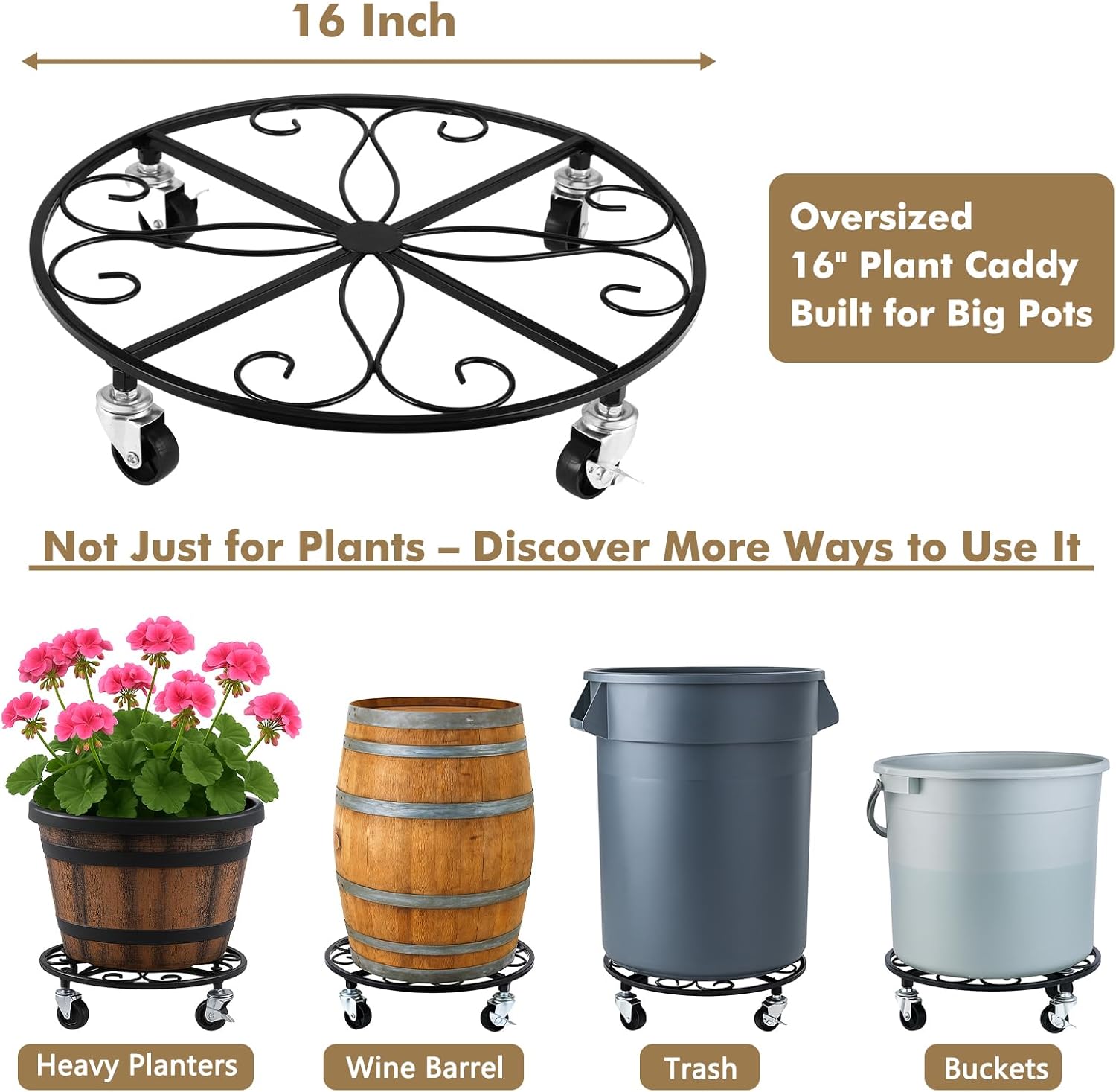 4 Pack Plant Caddy with Wheels 16 Inch Rolling Plant Stand for Large Plants Heavy Duty Plant Rollers Metal Plant Dolly Rustproof Planter Stand Wrought Iron Plant Stands Flower Cart Indoor Outdoor