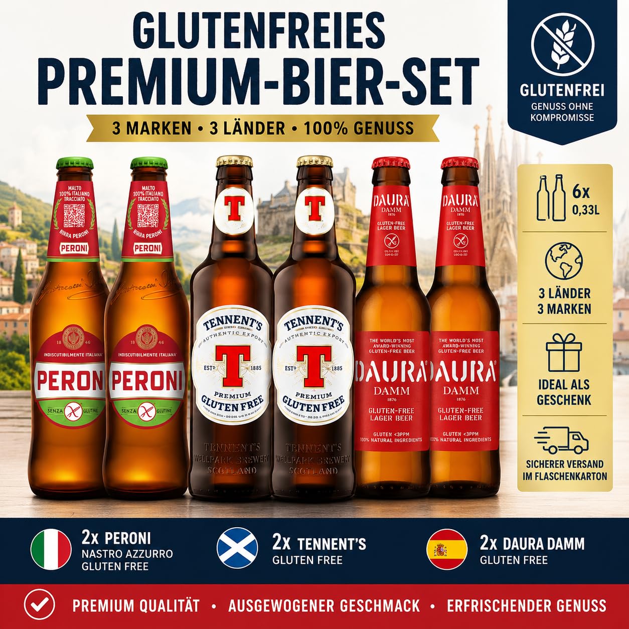 Glutenfreies Bier Set 6x0,33l – Peroni, Tennent's & Daura Damm | Ein Bierset zum kennenlerne ohne Gluten