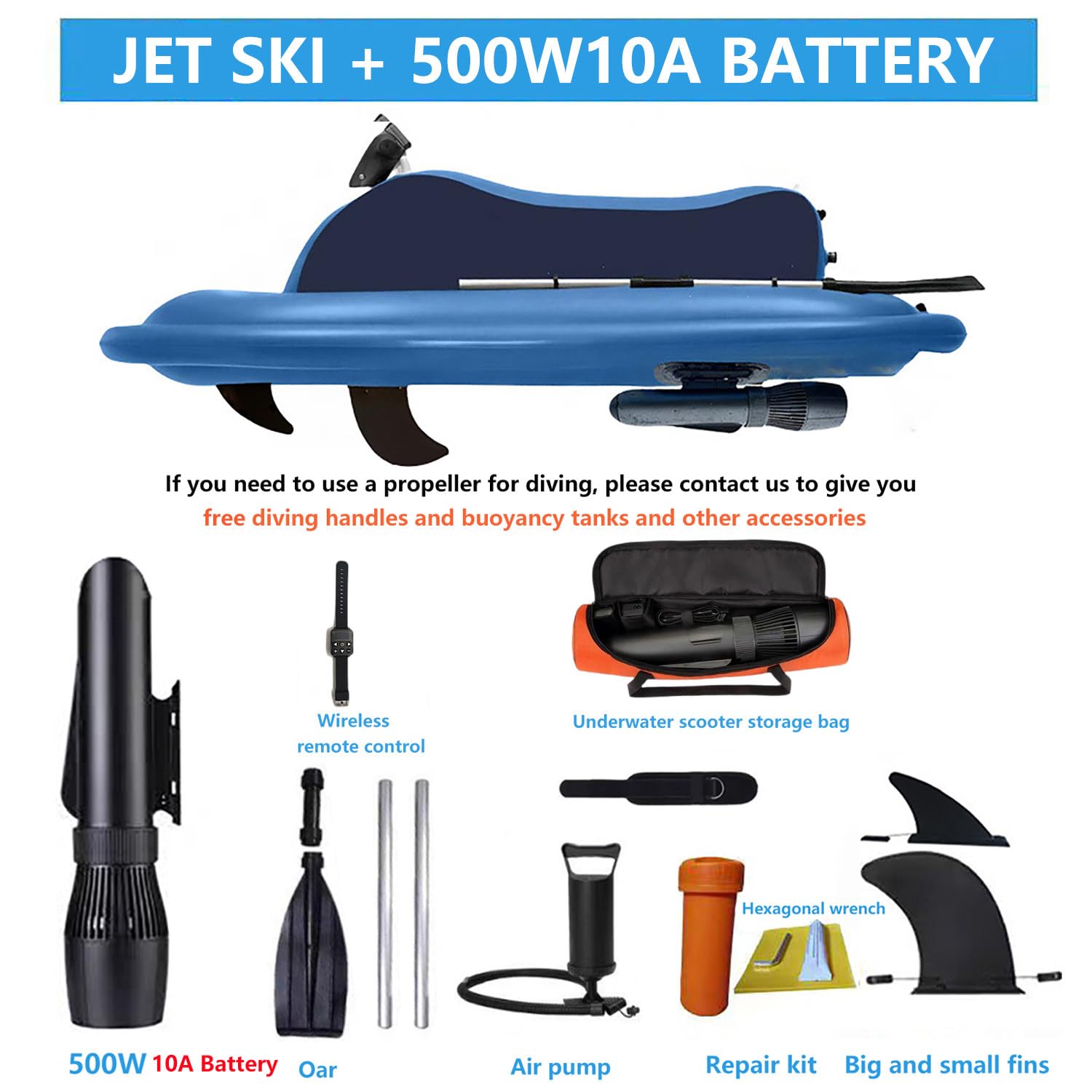 Bateau Gonflable électrique pour 1 à 3 Personnes, Jet Ski Gonflable avec propulseur sous-Marin Amovible, 10 000 mAh/16 000 mAh (en Option), capacité de 150 kg.,500W10A