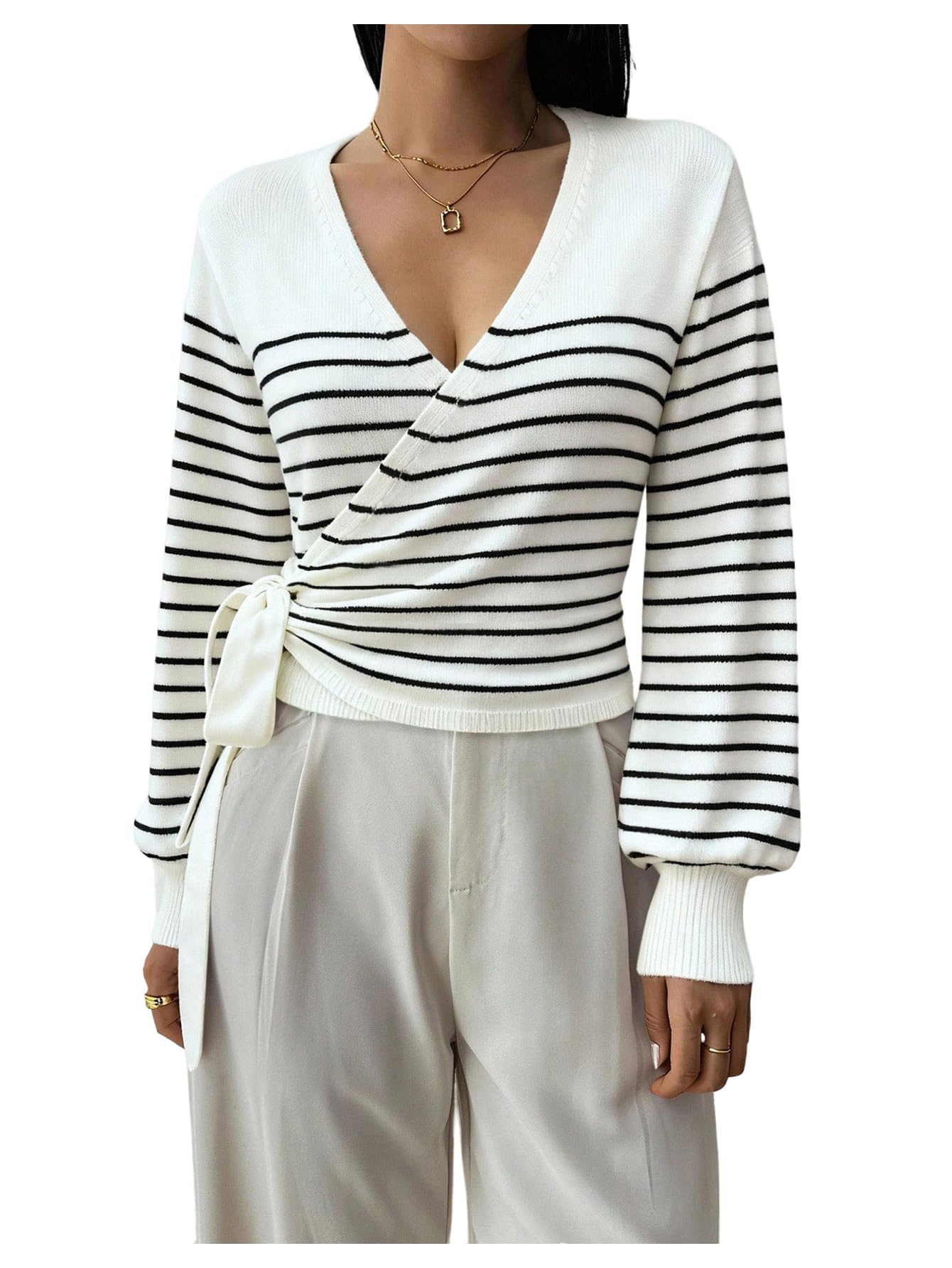 SweatyRocks Womens Striped Wrap V Neck Sweater Casual Lantern Sleeve Crop Knit Pullover Tops
