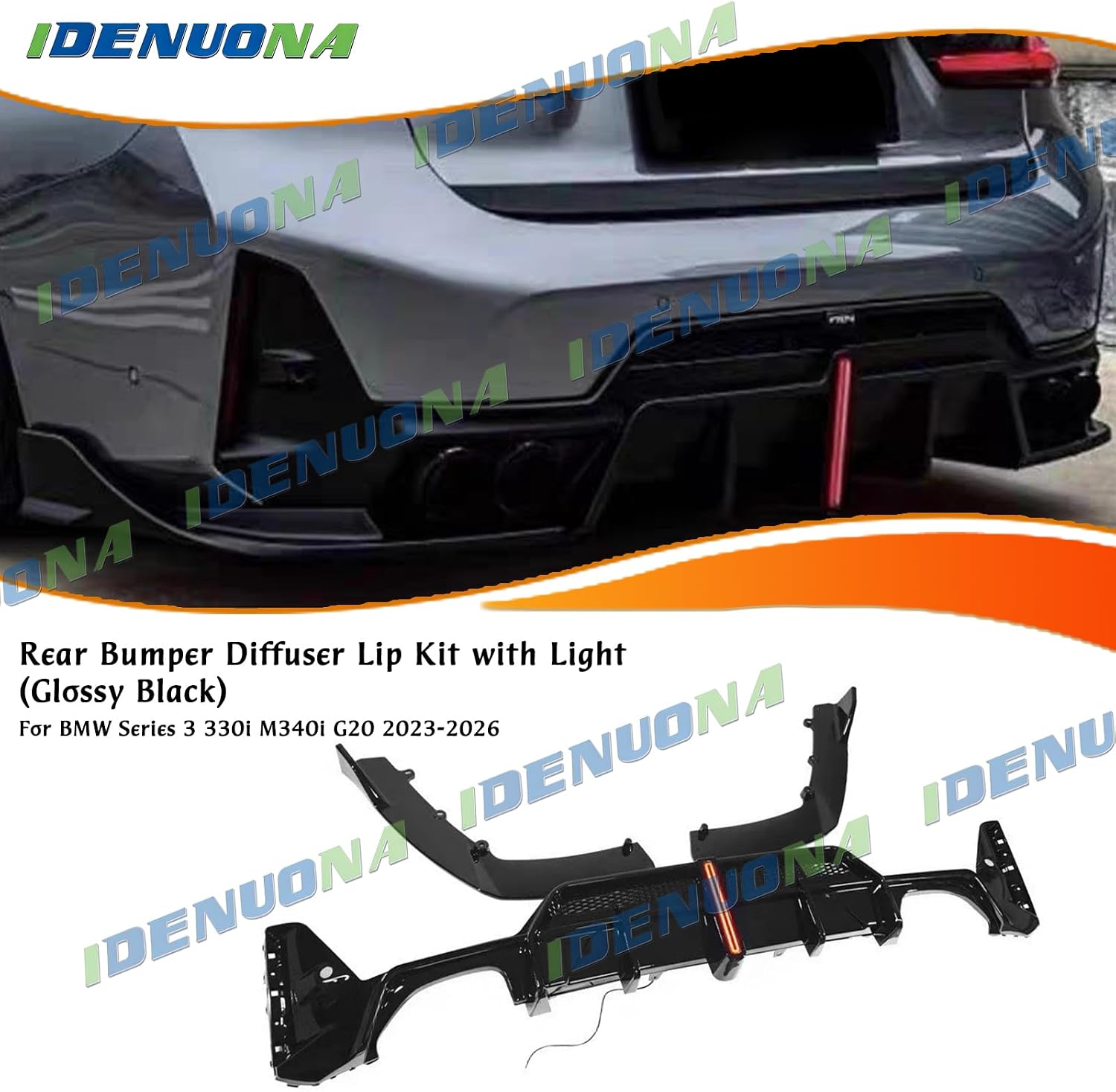 Rear Bumper Diffuser Lip Kit with Light for BMW 3 Series 330i 2023-2026 Gloss Black