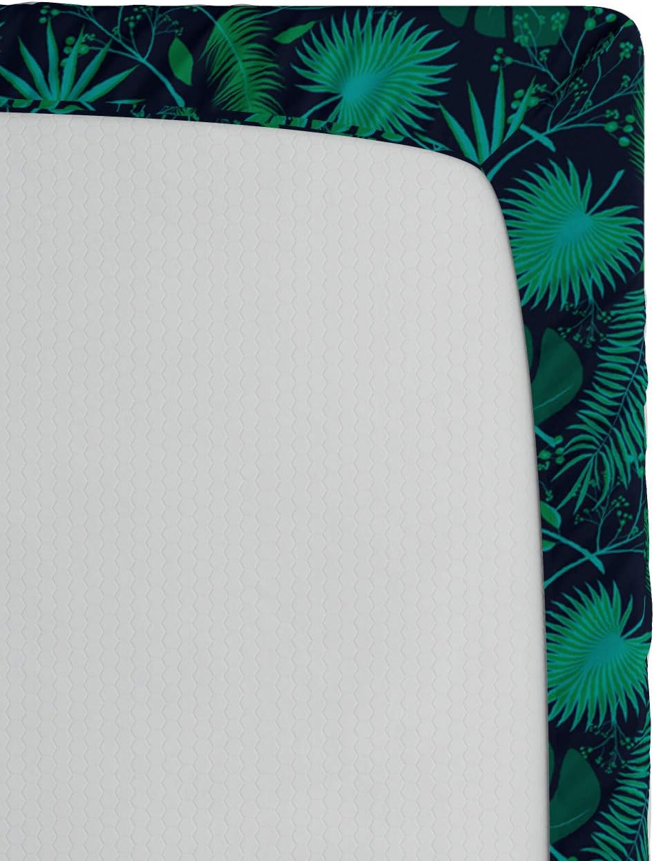 Ambesonne Tropical Fitted Sheet, Leaves Hibiscus Plumeria Jungle Trees, Bed Cover with All-Round Elastic Deep Pocket for Comfort, Queen Size, Indigo Jade Green