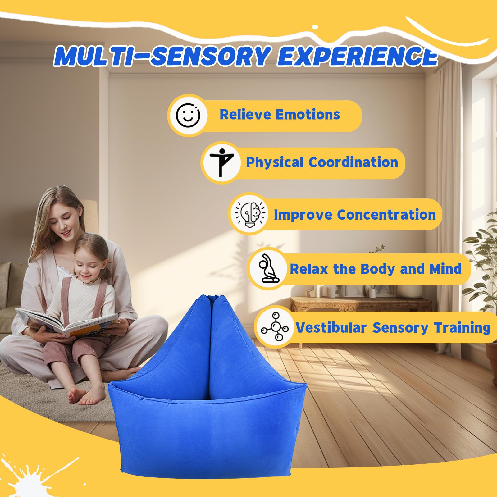 Silla sensorial para niños, silla calmante inflable para niños autistas, Peapod inflable con bomba de aire eléctrica, productos sensoriales para autismo, adecuada para niños con autismo y TDAH (azul