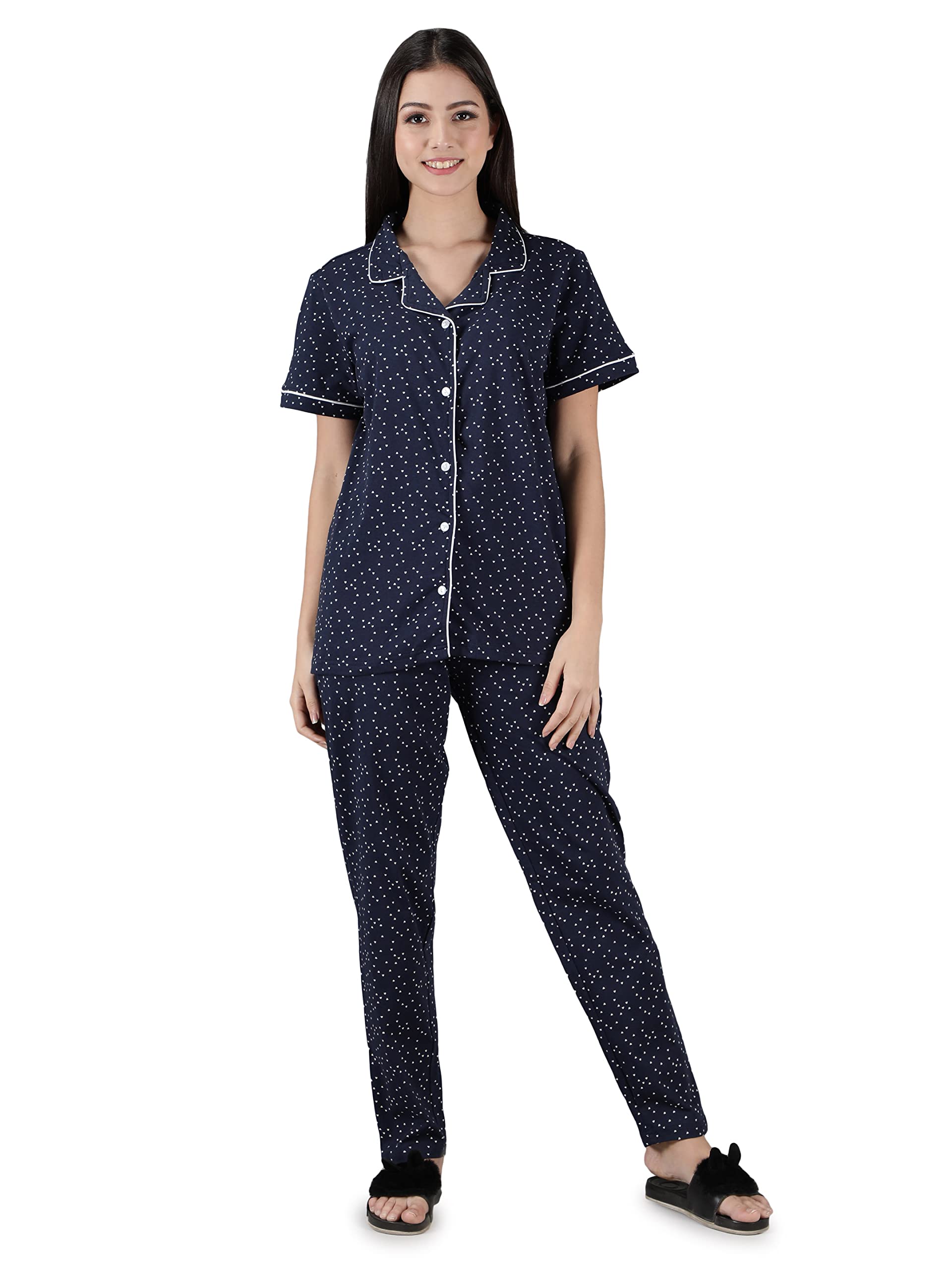 Label myCollar Top & Pyjama Set | Premium Knitted Cotton | Button-Closure Collar Shirt | Full-Length Bottoms with Pockets | Regular Fit Night Suit