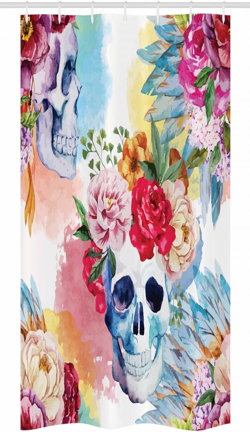 Ambesonne Skull Stall Shower Curtain, Colorful Pattern with Skull Headdress Ornament Portrait Watercolor Effect Art, Fabric Bathroom Decor Set with Hooks, 36" W x 72" L, Red Green