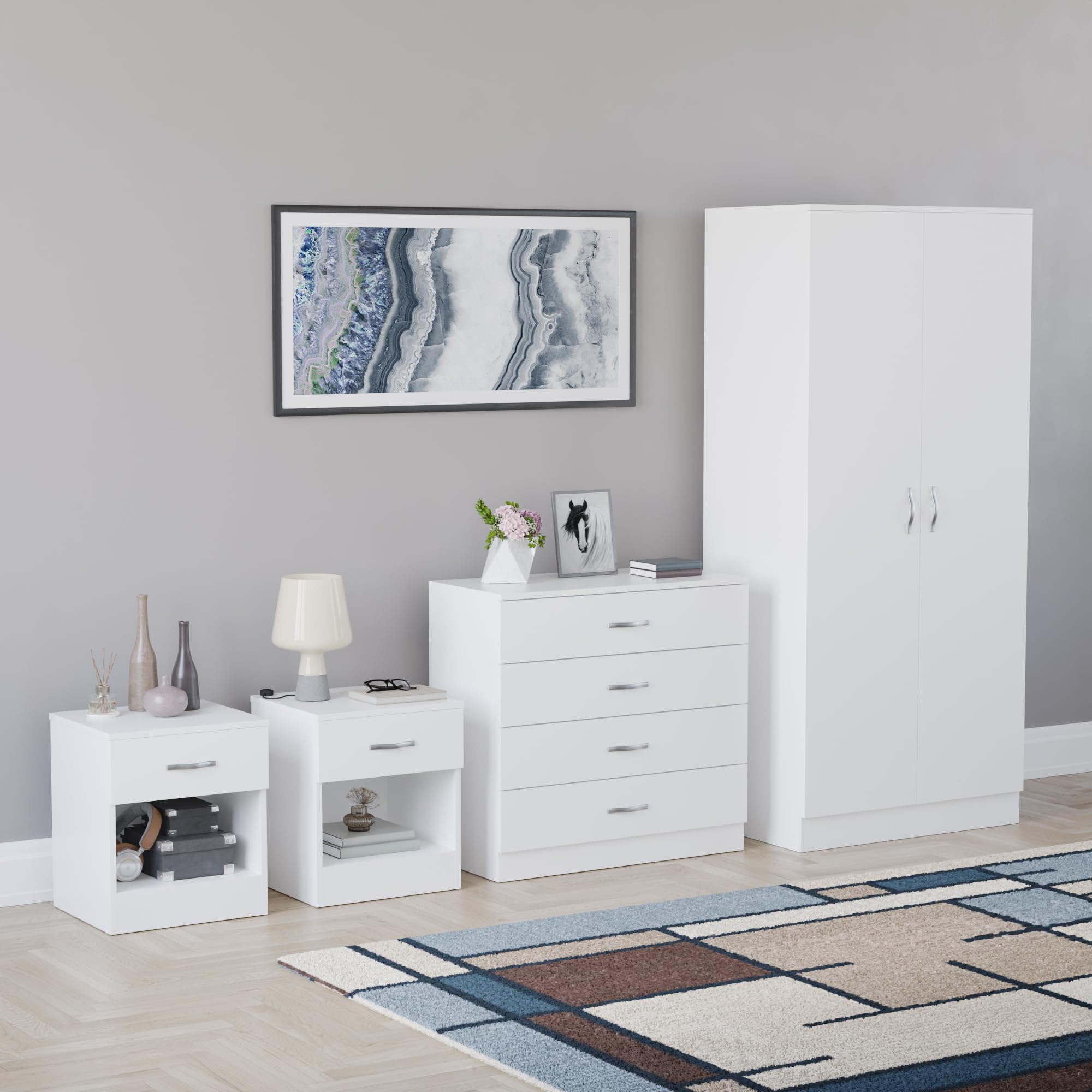 Vida Designs Riano 4 Piece Bedroom Set - 1 Drawer Bedside Chest, 4 Drawer Chest, 2 Door Wardrobe - White