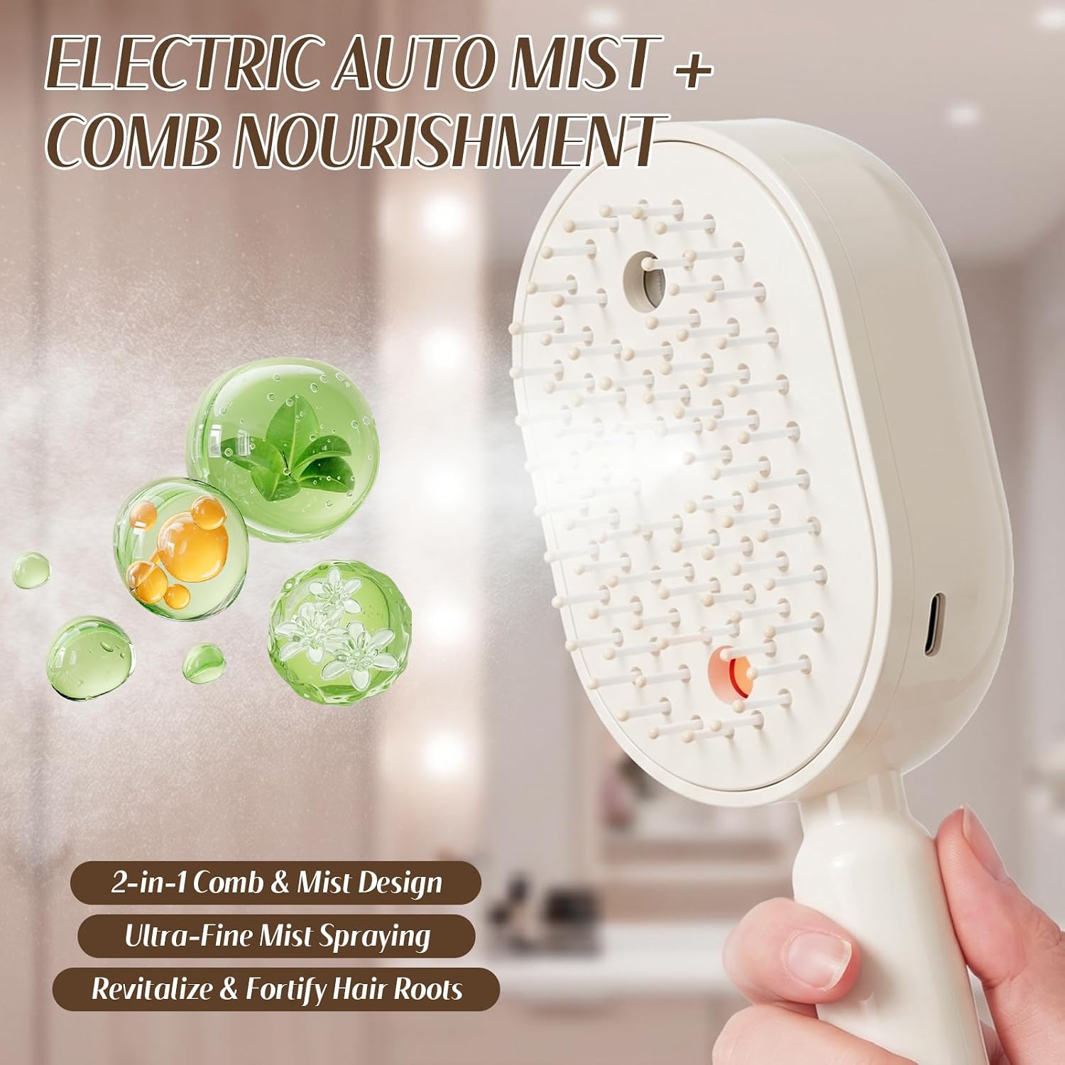 Electric Spray Hair Comb – 3-in-1 Steaming & Detangling Brush, Type-C Rechargeable, 10ml Refillable Tank for Water/Oil, Anti-Frizz, Hydrating for Dry/Curly Hair, Self-Cleaning (Cream) thumbnail