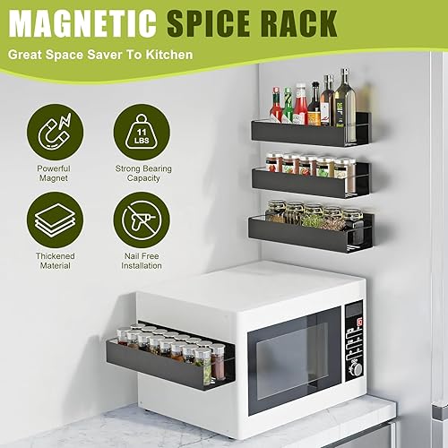 Miniatura 2 de Paquete de 4 estantes magnéticos para especias para refrigerador, organizador de especias magnético movible, estante magnético fuerte de metal negro