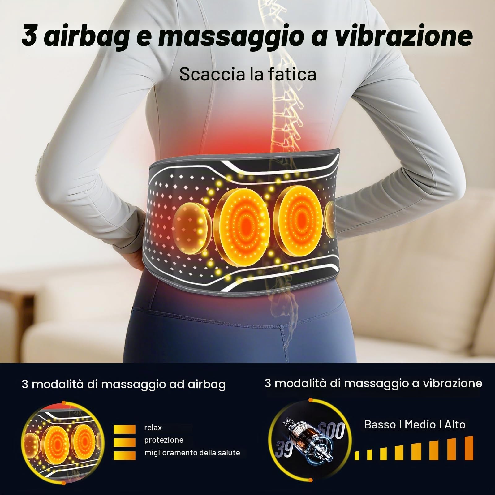 Cintura Lombare Riscaldante e Massaggiante Senza Fili – 3 Modalità di Massaggio, 4 Livelli di Calore, Spegnimento Automatico – Allevia Dolori alla Schiena e all’Addome – Idea Regalo per Uomo e Donna