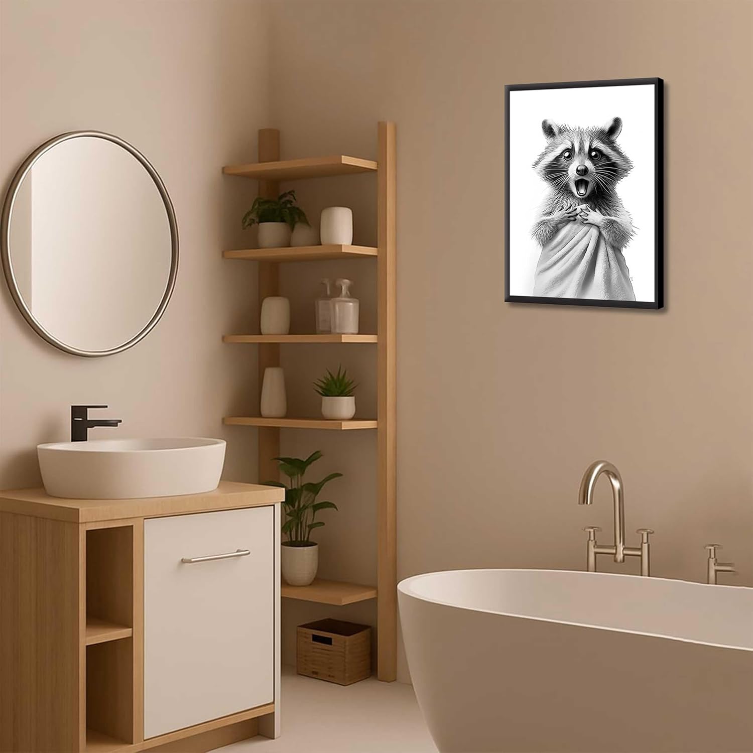 Framed Raccoon Bathroom Wall Art, Funny Black and White Raccoon in Towel Canvas Print, Whimsical Animal Decor, 12x16 Inches, for Bathroom, Kids Room, Powder Room