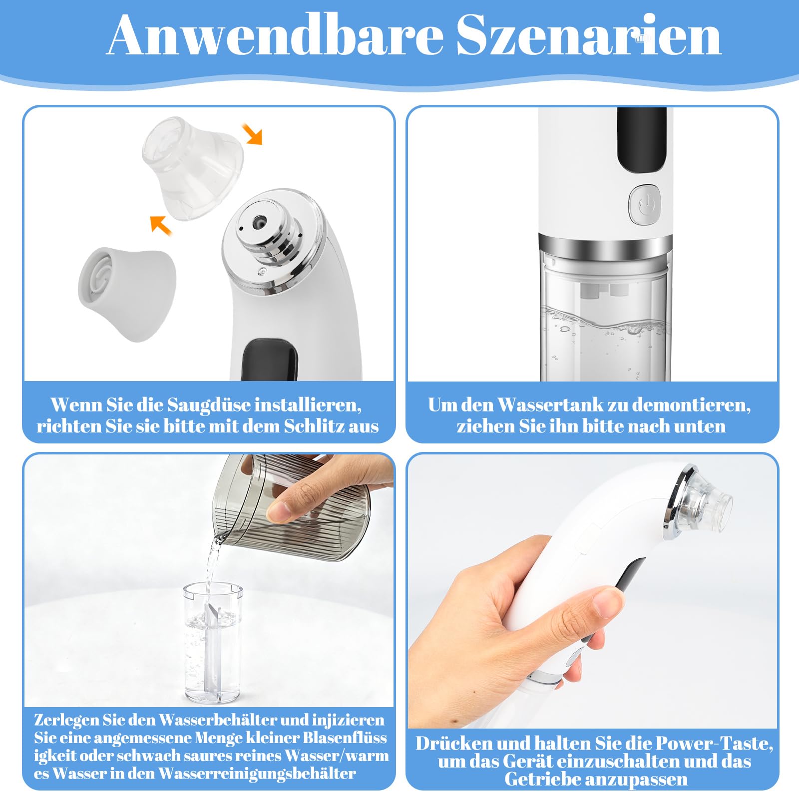 Pulitore per i punti neri con serbatoio d'acqua visibile, 75 kPa forte assorbenza, 4 modalità e 6 accessori per la pulizia del viso, acne e punti neri, rimozione dei punti neri