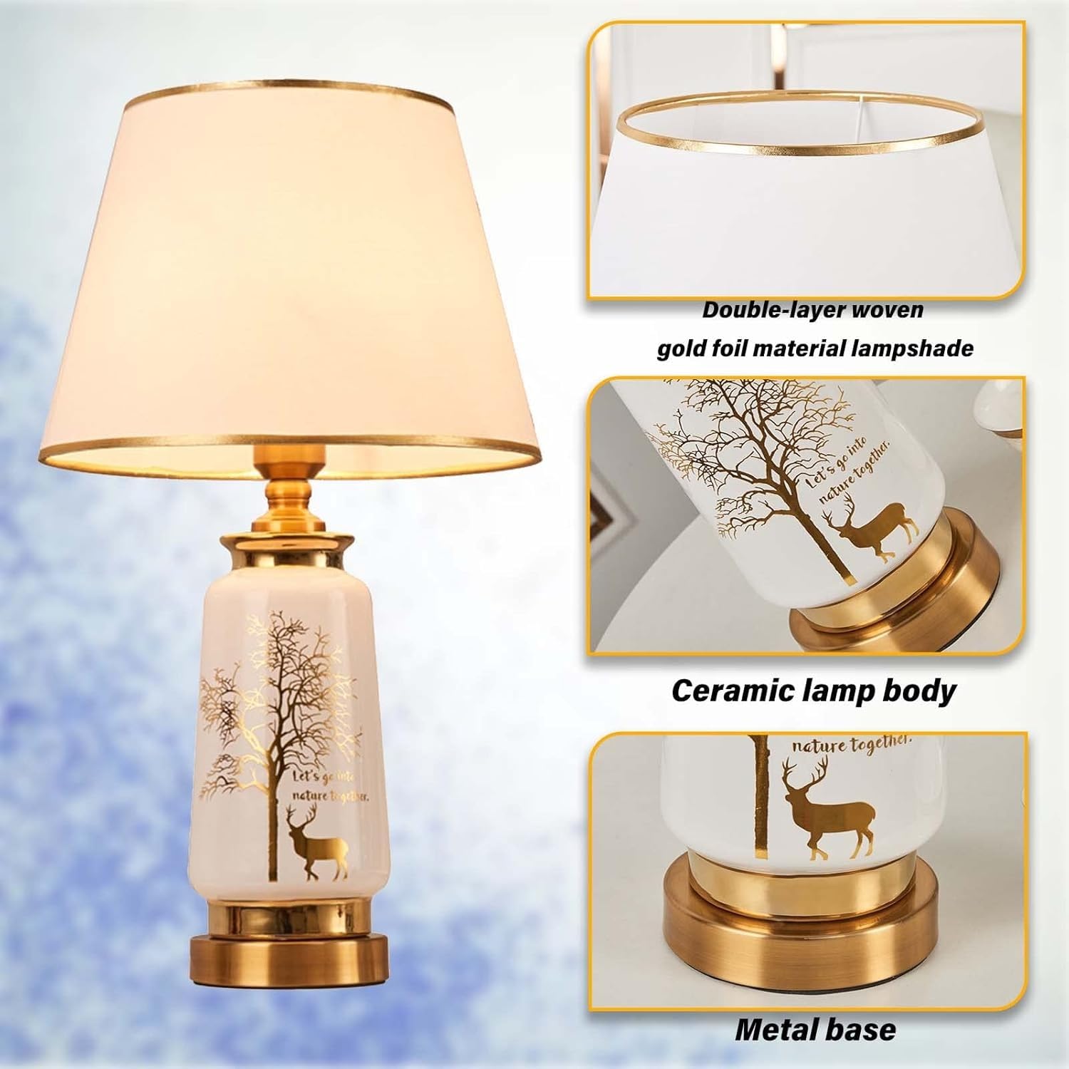 Lampada da tavolo moderna a LED in ceramica, bianca, altezza 20,86 cm, lampadina inclusa, motivo cervo e paralume per soggiorno e studio