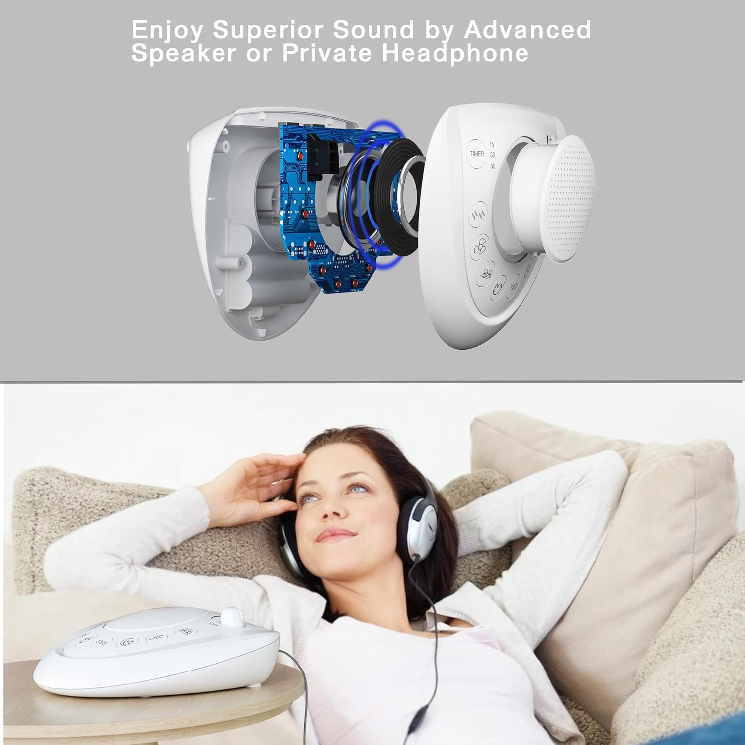 Mesqool White Noise Sound Machine with internal speaker and headphone use