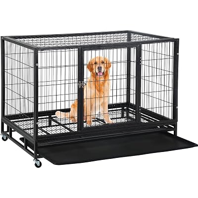 Heavy Duty Dog Crates for Large Dogs, 48 inch Indestructible Dog Crate Metal Wire Dog Kennel Double Door Dog Cage with Lockable Wheels and Plastic Tray for Extra Large XL XXL Dog Indoor Outdoor