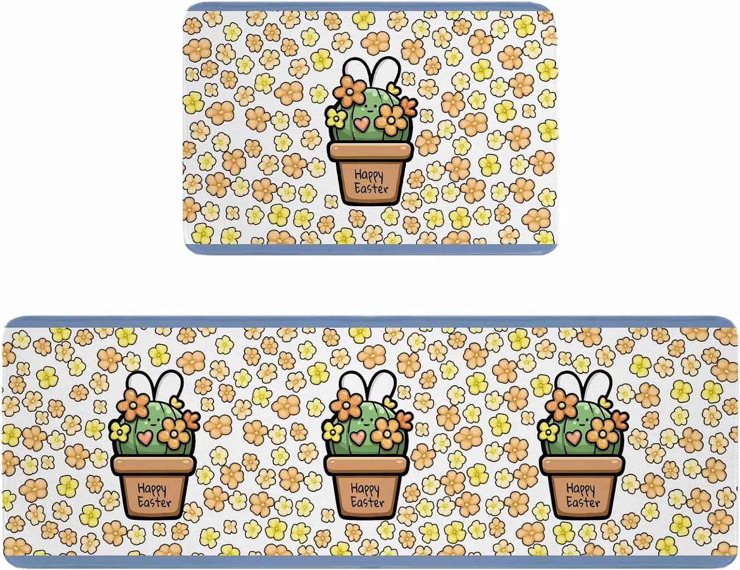 Easter Kitchen Rugs and Mats Set of 2, Non-Slip Kitchen Sink Mat, Bunny Ears Spring Yellow Flowers Potted Plant Rustic Washable Doormat Bathroom Rugs Runner for Bedroom 23.6"x35.4"+23.6"x70.9"
