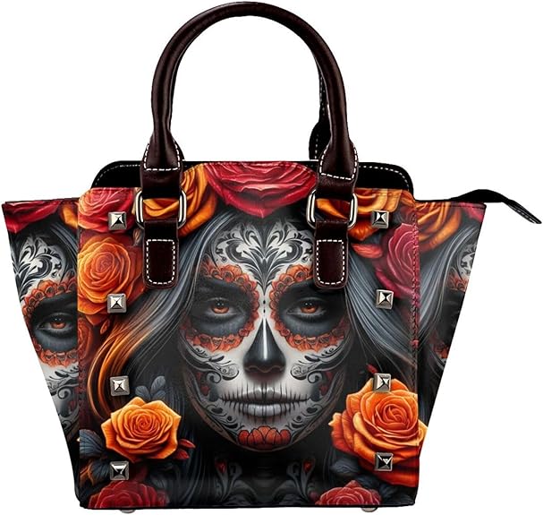 Sugar-Skull-Face-Roses Pu Leather Crossbody Studded Bag, Fashionable Shoulder Handbag With Detachable Shoulder Strap