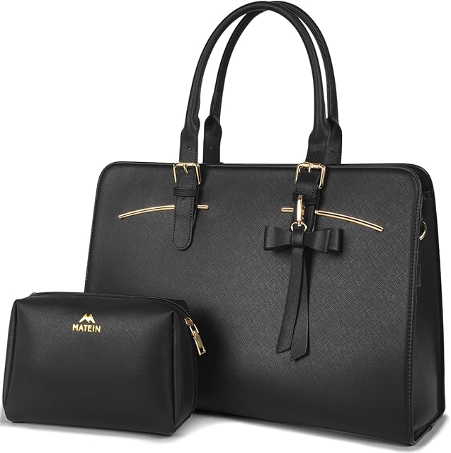 MATEIN Laptop Tote Bag for Women, 15.6 Inch Large Leather Handbag, Stylish Ladies Designer Messenger Bag Waterproof Computer Shoulder Briefcase for Work Travel Lady Handy bag and Purse 2PCS Set, Black