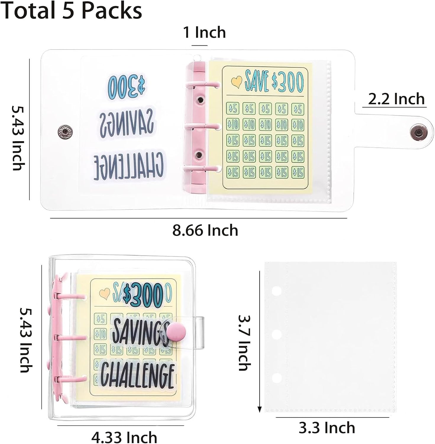 5 Pack Money Saving Challenge with 25 Binder Mini Savings Challenge Book with Envelopes for Budgeting Cash Planner (Blue & Pink, 300 Dollars)