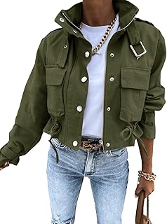 Sponsored Ad - Fronage Womens Cropped Military Windproof Jacket Long Sleeve Denim Jean Zip Button Down Shirt Shacket Y2K M...