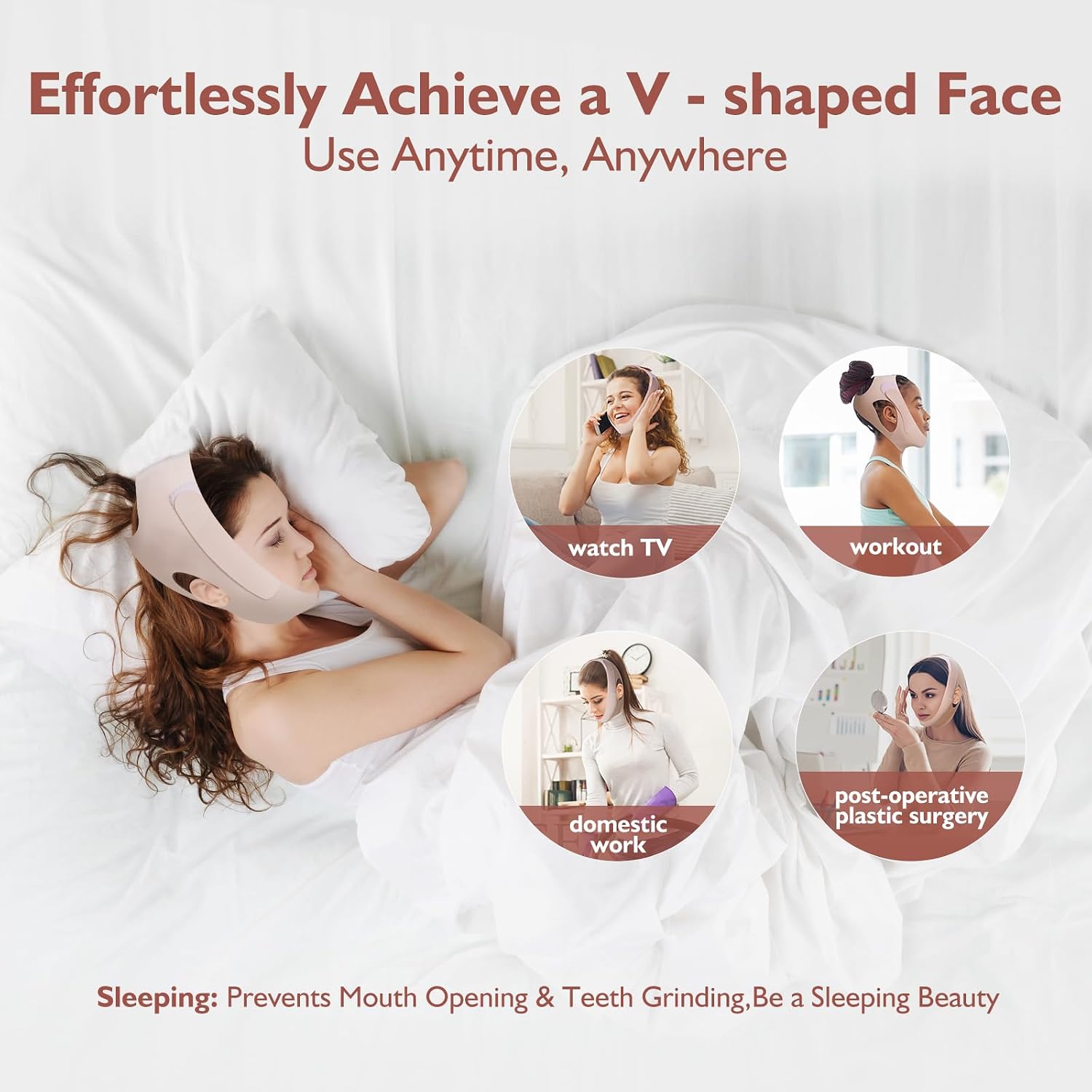 Jawline Shaper Chin Strap for Sleeping, Reusable V-Line Mask for Women Face Lifting Made w/Electric-Hot-Press Tech for Skin-Friendly & Breathable Cooling Fabric