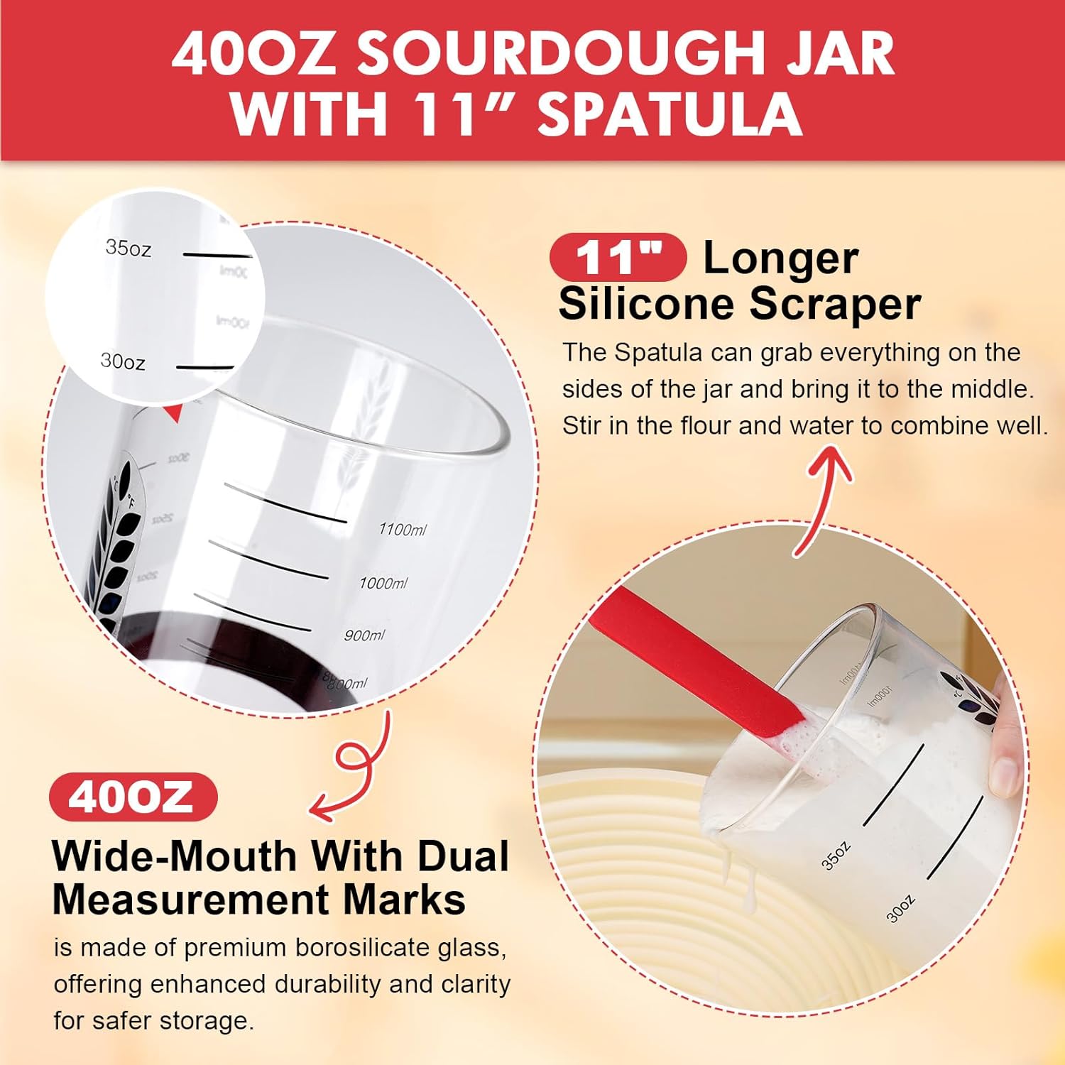 CuteRise Sourdough Starter Jar Kit, 2PACK 40oz Sourdough Starter Jars with Silicone Lids, Cute Cloth Covers, Thermometers, Feeding Time Trackers, Silicone Spatulas, Recipe & Measuring Cups -14PCS - Image 3