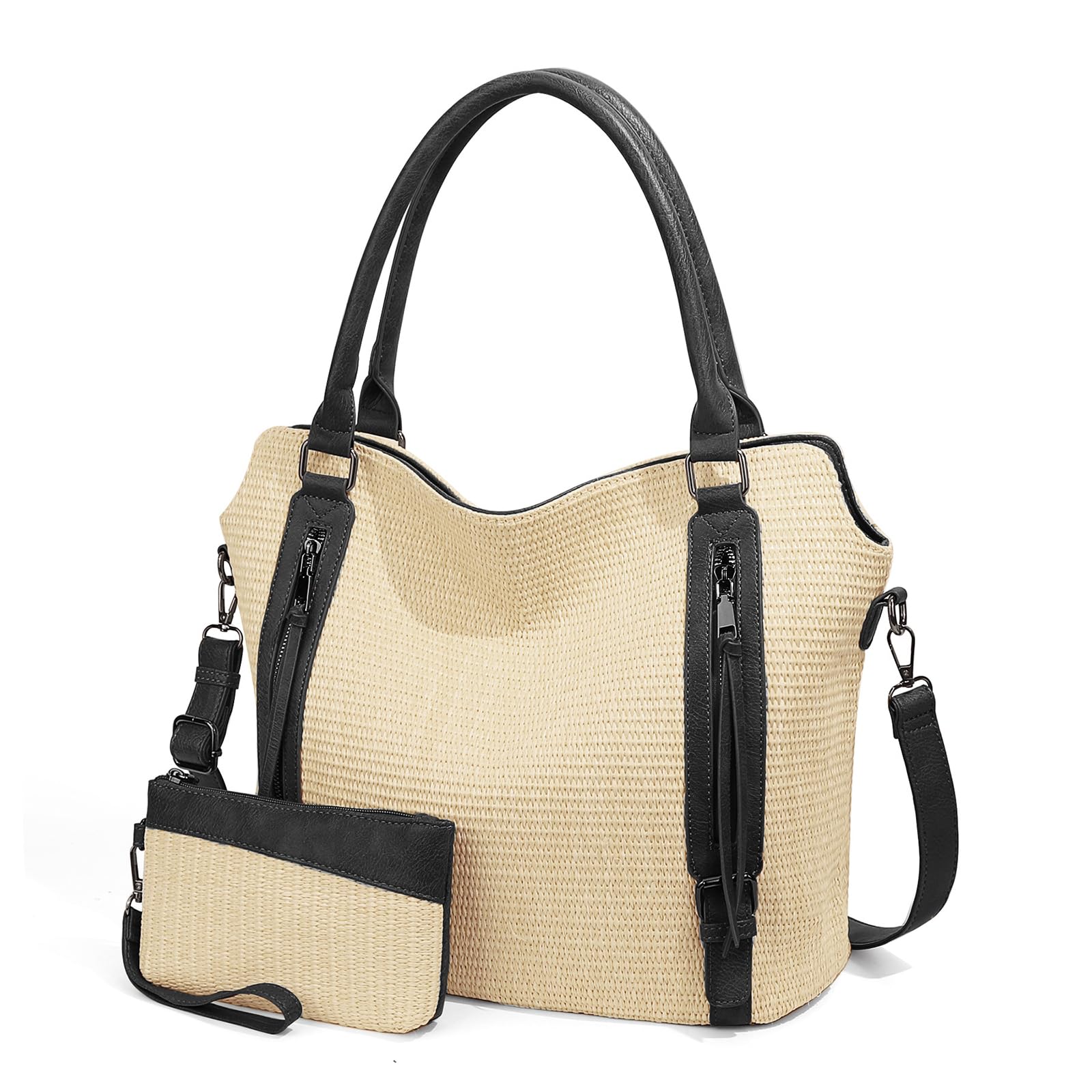 Damentasche aus Stroh mit Schulterriemen, Große Umhängetasche, Leichte, Legere Alltagstasche, Trendige Citybag für Shopping, Arbeit, Dating und Tagesausflüge